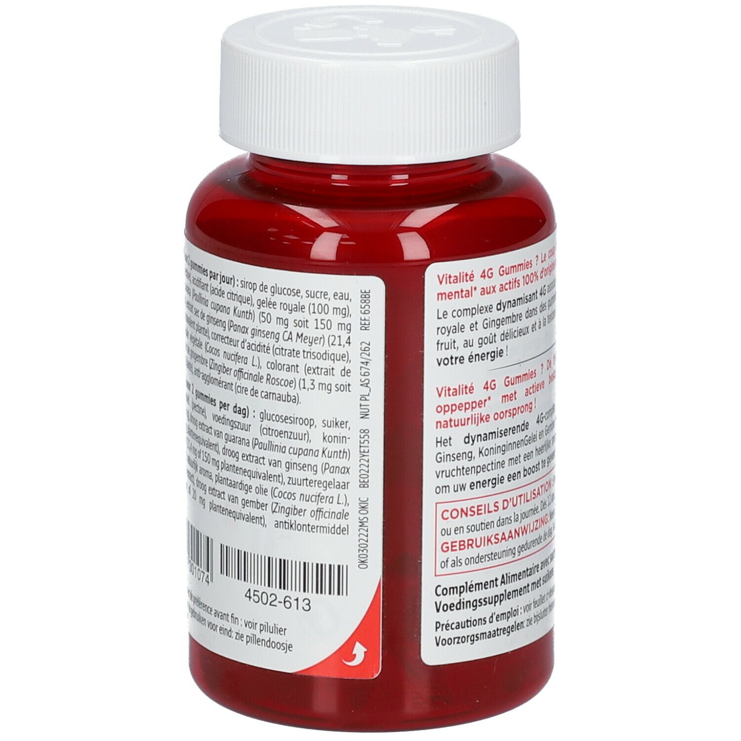 Dos du flacon rouge avec bouchon blanc. Texte sur les ingrédients. Contient glucose, sucre, acide citrique, etc.