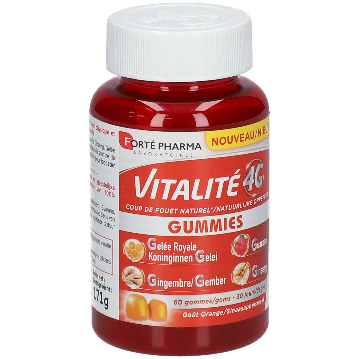 Flacon rouge avec bouchon blanc. Inscription Vitalité 4G Gummies. Contient Gelée Royale, Guarana, Gingembre et Ginseng. 171g.