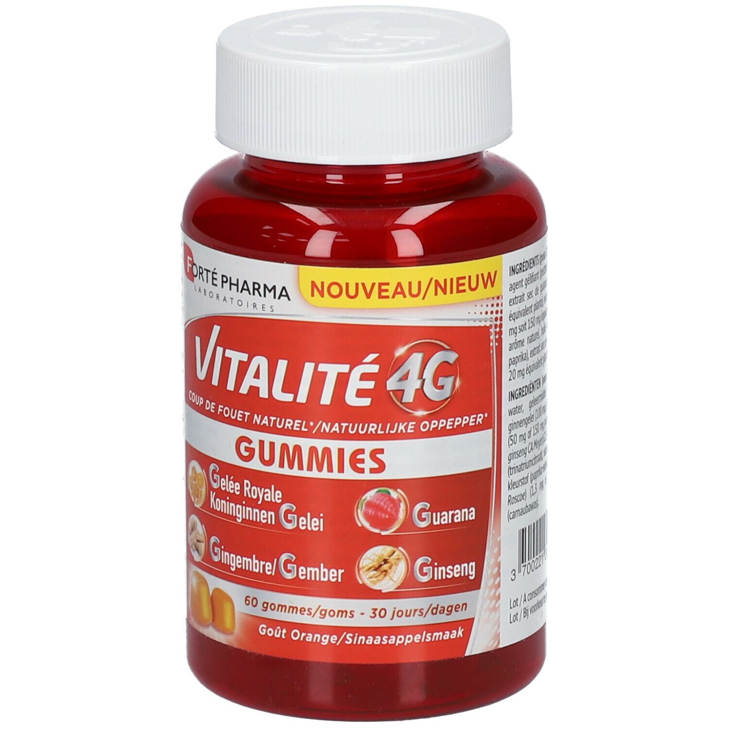 Flacon rouge avec bouchon blanc. Inscription Vitalité 4G Gummies. Contient Gelée Royale, Guarana, Gingembre et Ginseng. 60 gommes.