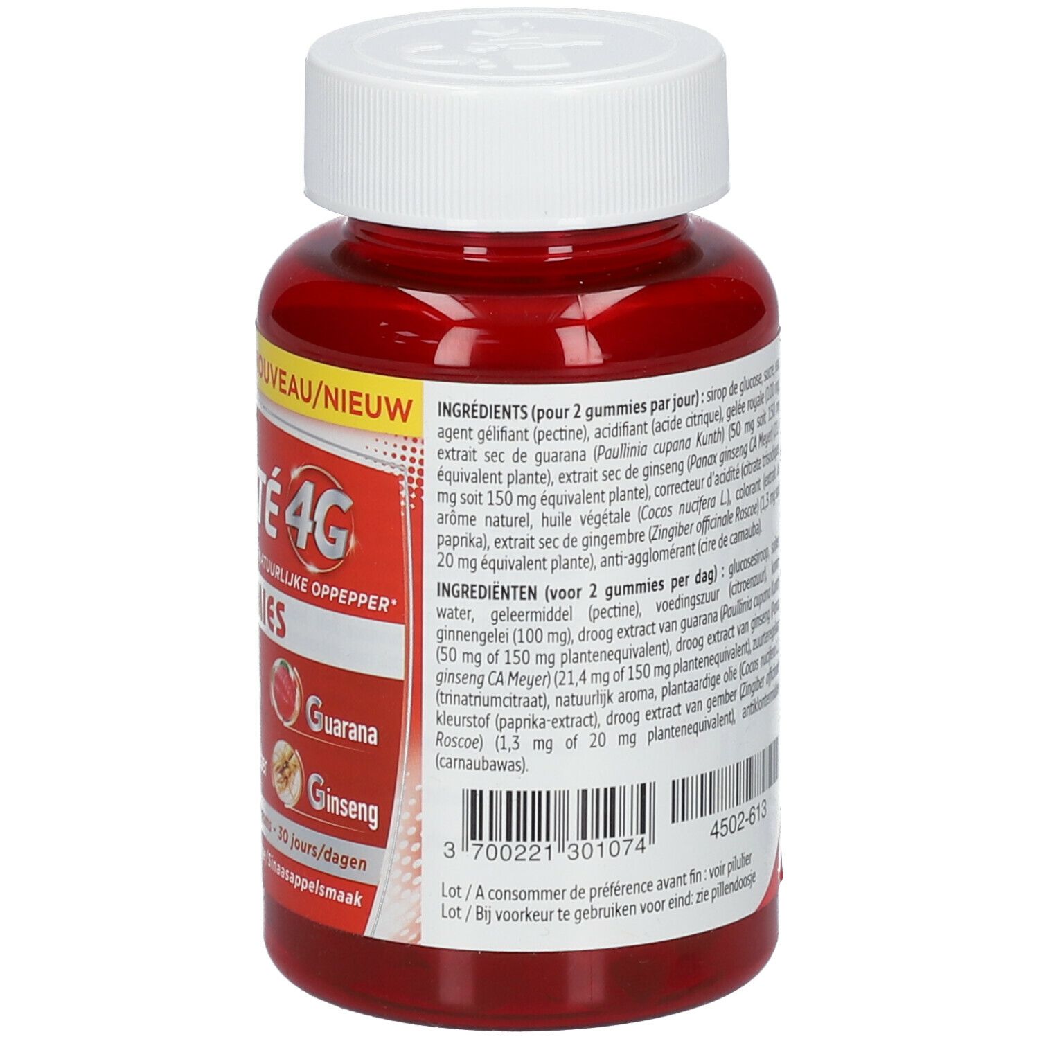 Dos du flacon rouge avec bouchon blanc. Texte sur les ingrédients. Contient Guarana, Ginseng, Gingembre, etc. 60 gommes.