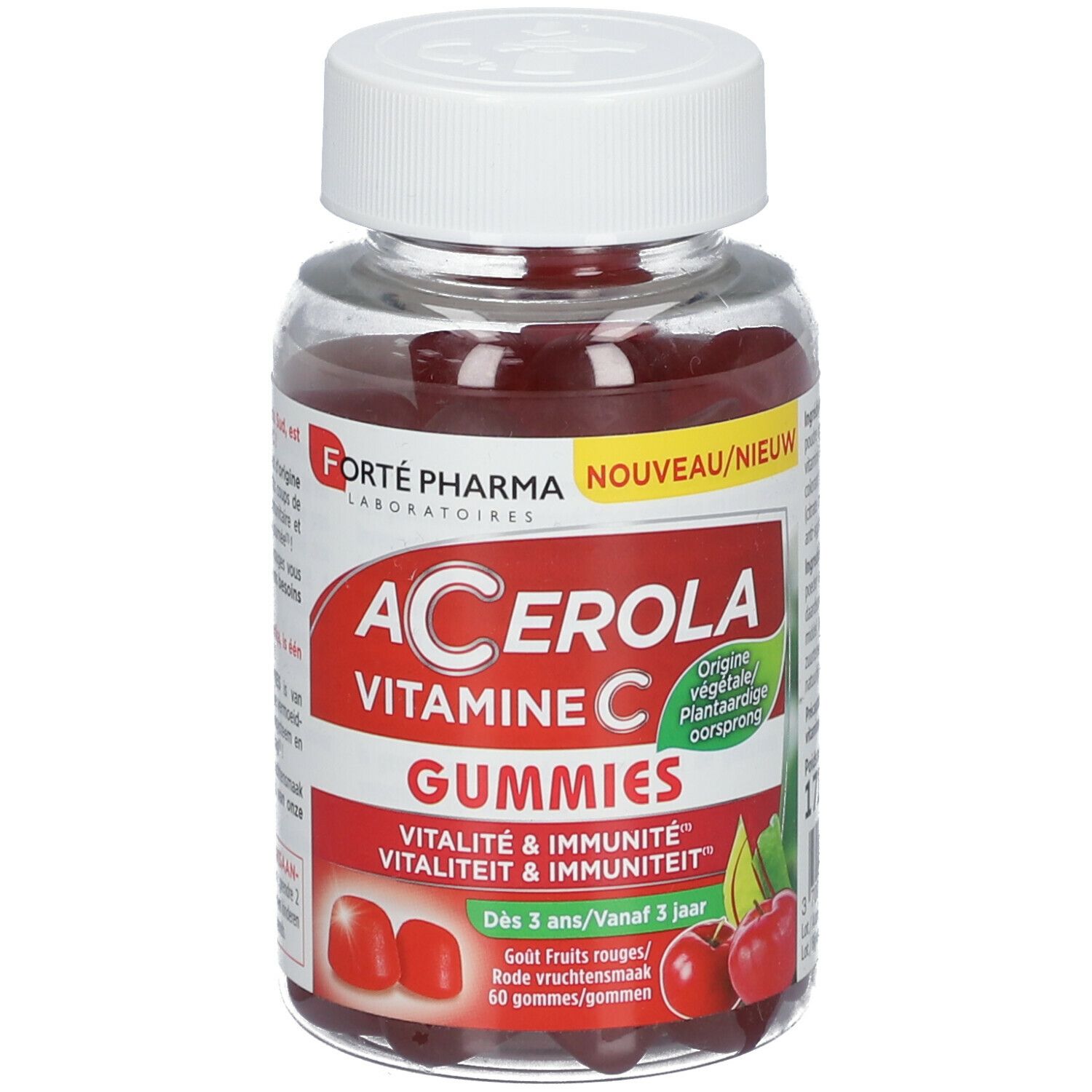 Flacon transparent de gummies rouges. Inscription: Acerola Vitamine C Gummies. Bouchon blanc. Étiquette rouge avec informations.