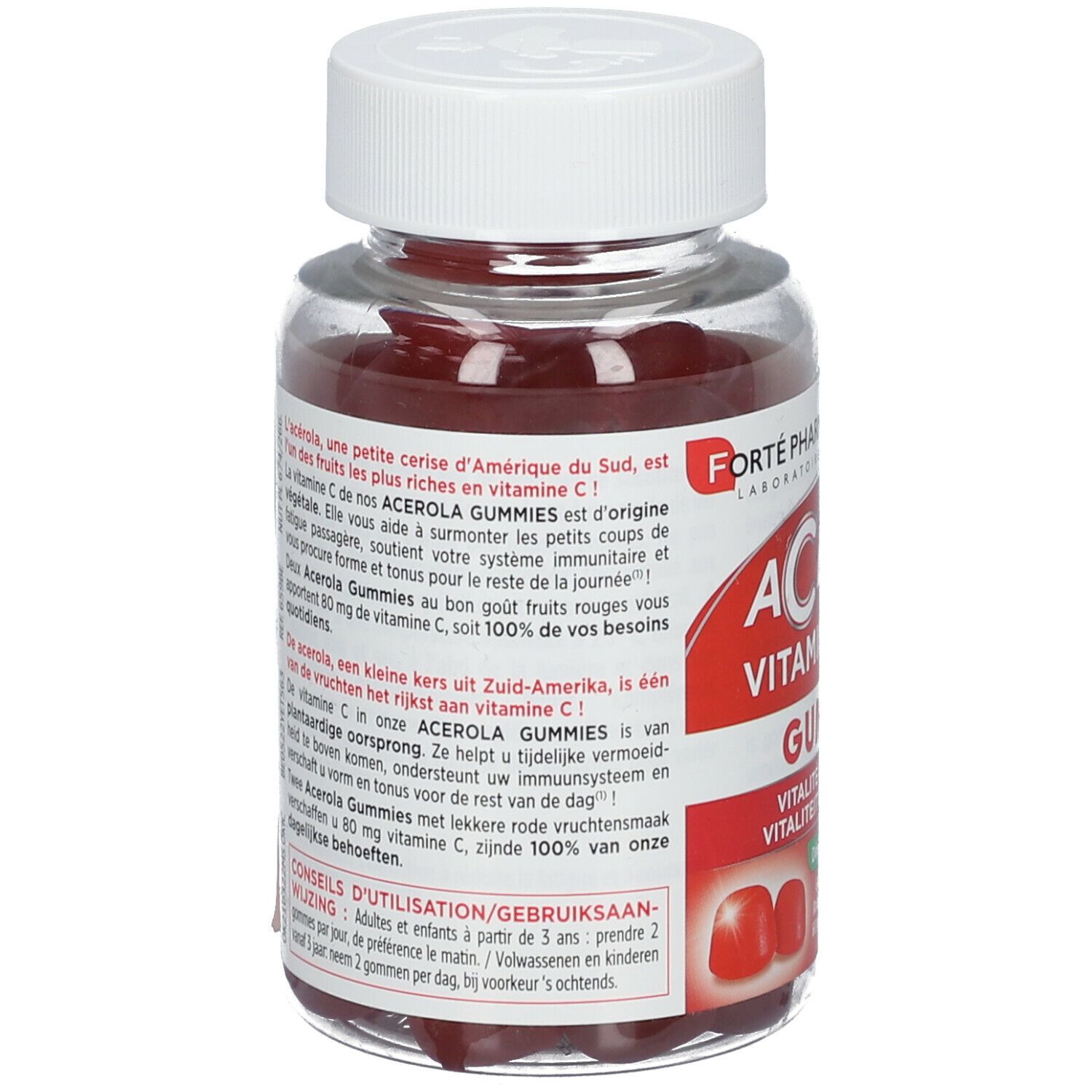 Dos du flacon de gummies rouges. Texte: Acerola Gummies. Bouchon blanc. Étiquette rouge avec informations et texte.