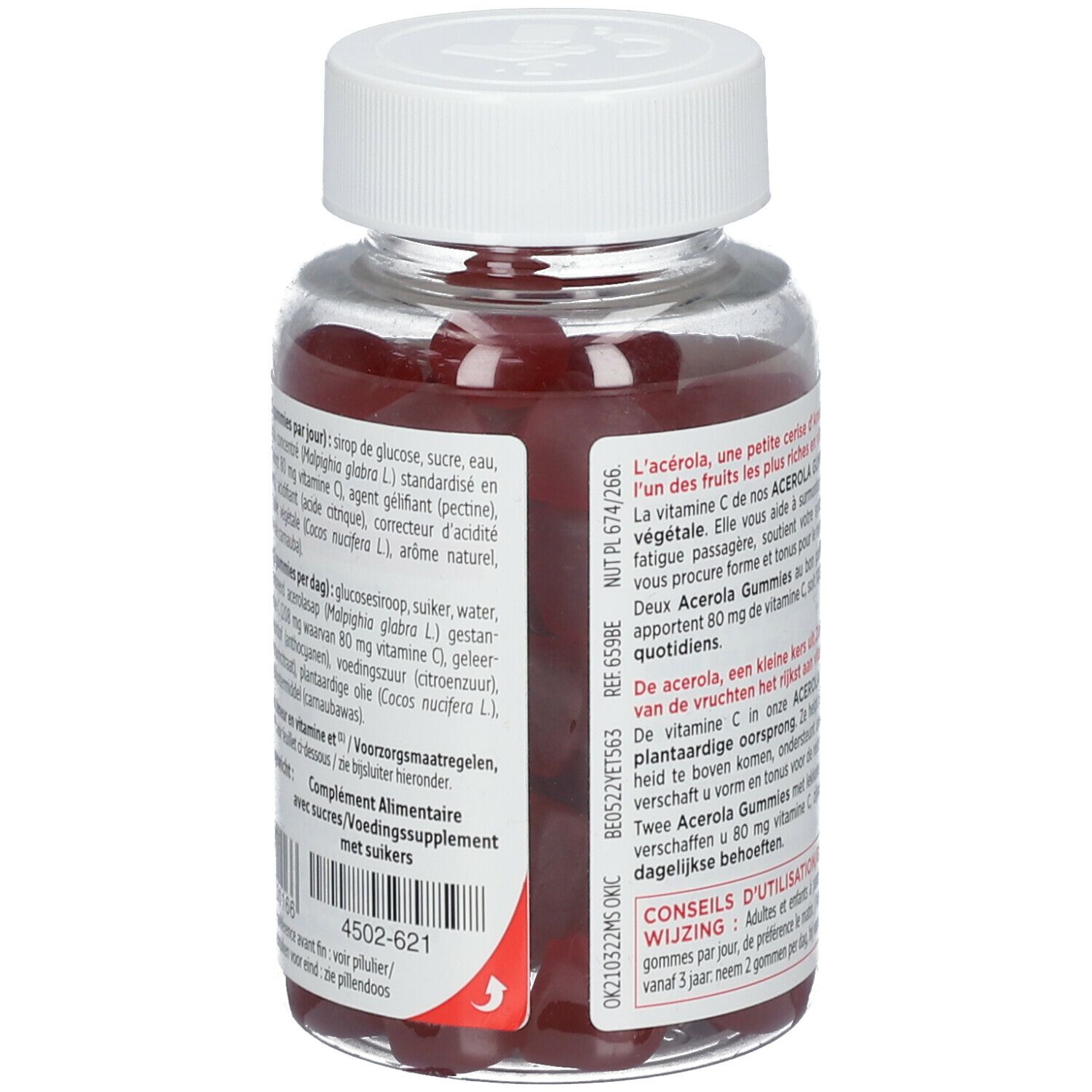 Dos du flacon de gummies rouges. Texte: Ingrédients. Bouchon blanc. Étiquette rouge avec informations et texte.