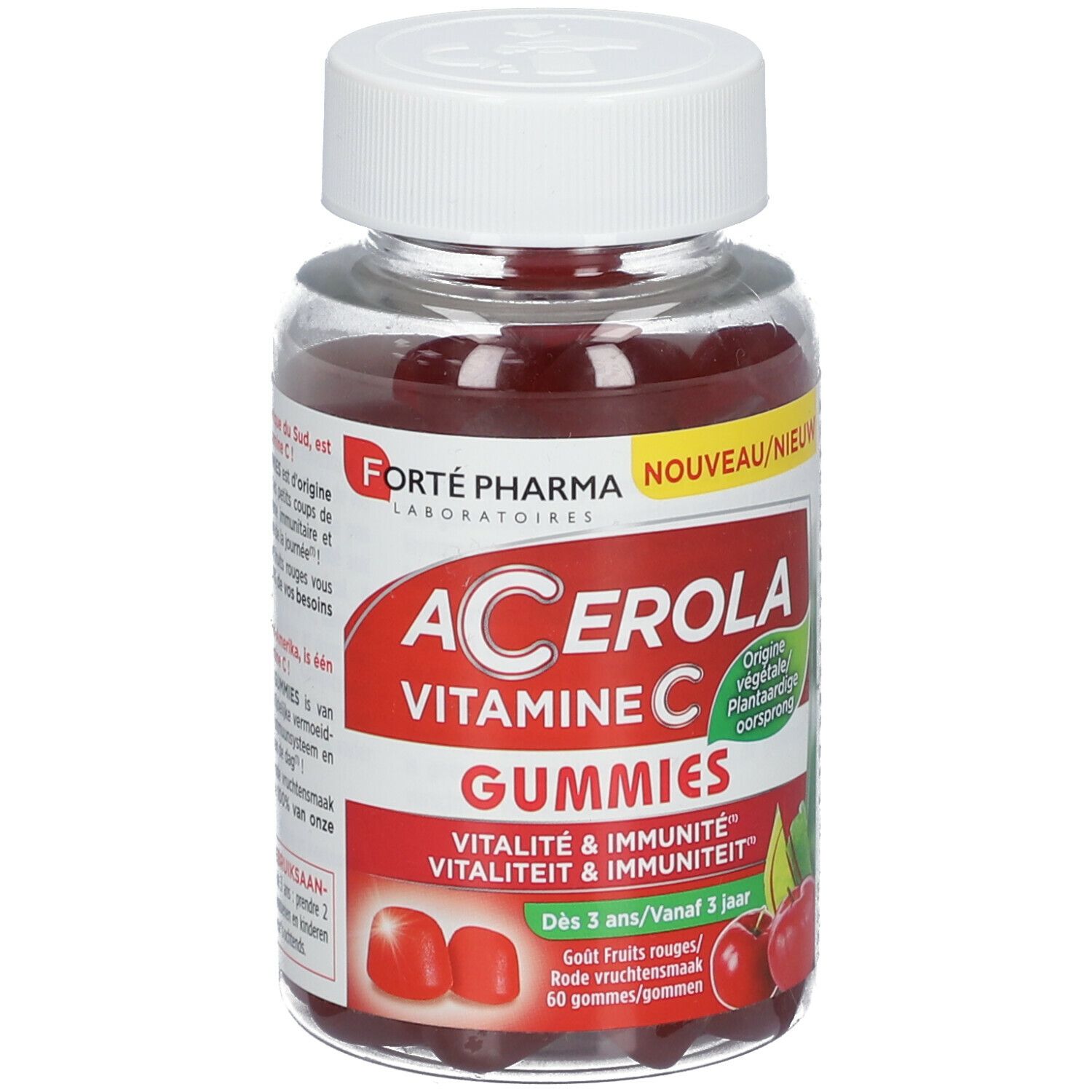 Flacon transparent de gummies rouges. Inscription: Acerola Vitamine C Gummies. Bouchon blanc. Étiquette rouge avec informations.