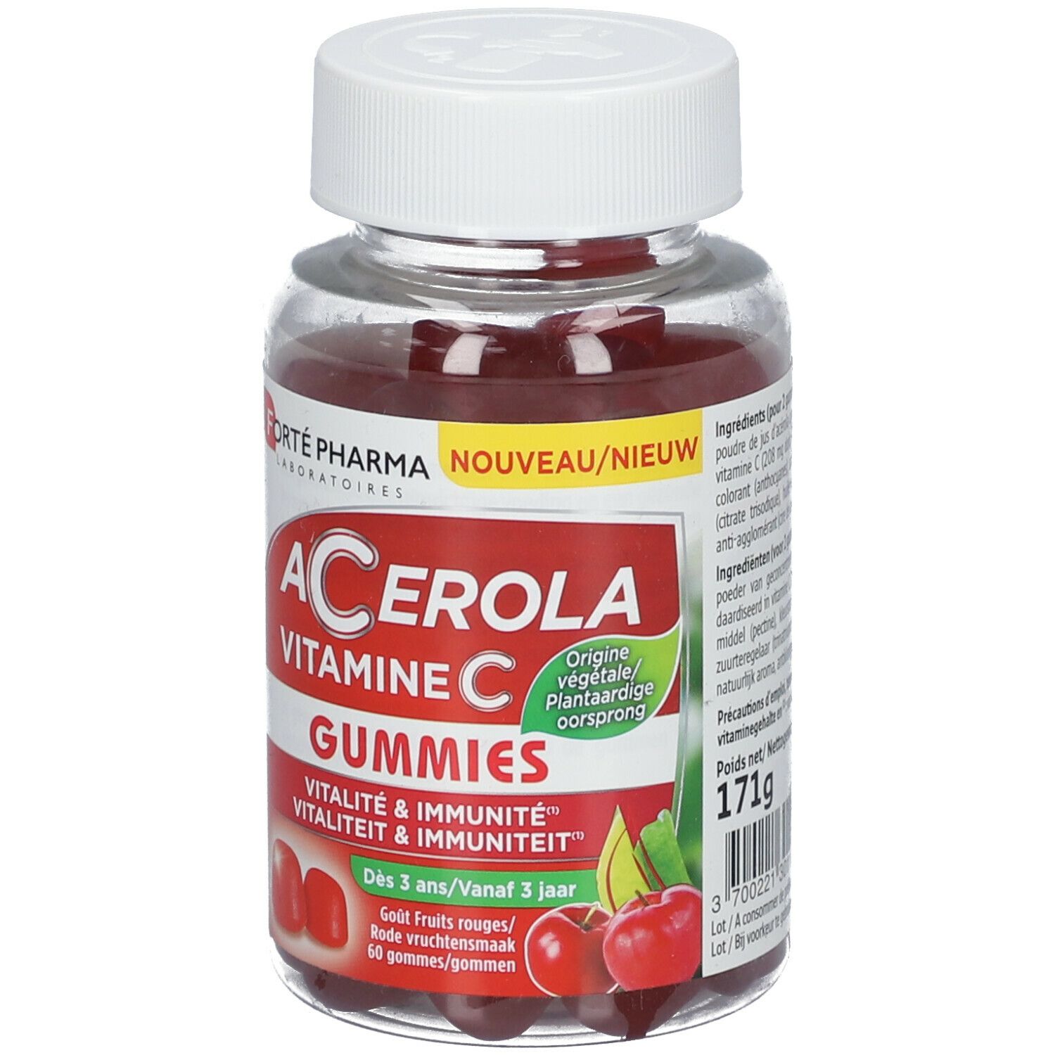 Flacon transparent de gummies rouges. Inscription: Acerola Vitamine C Gummies. Bouchon blanc. Étiquette rouge avec informations.