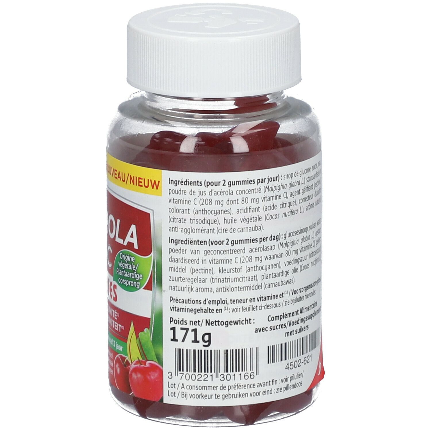 Dos du flacon de gummies rouges. Texte: Ingrédients. Bouchon blanc. Étiquette rouge avec informations et texte.