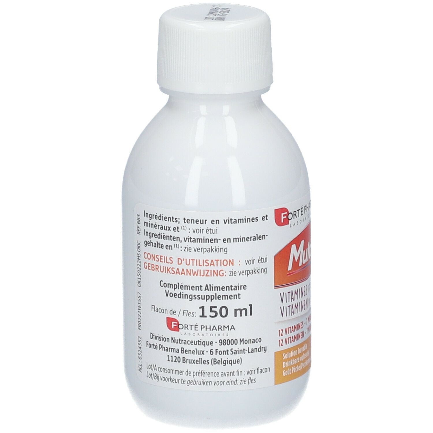 Witte fles FORTE PHARMA Multivit' Kids. Bevat 12 vitaminen, 7 mineralen. Fles met schroefdop.