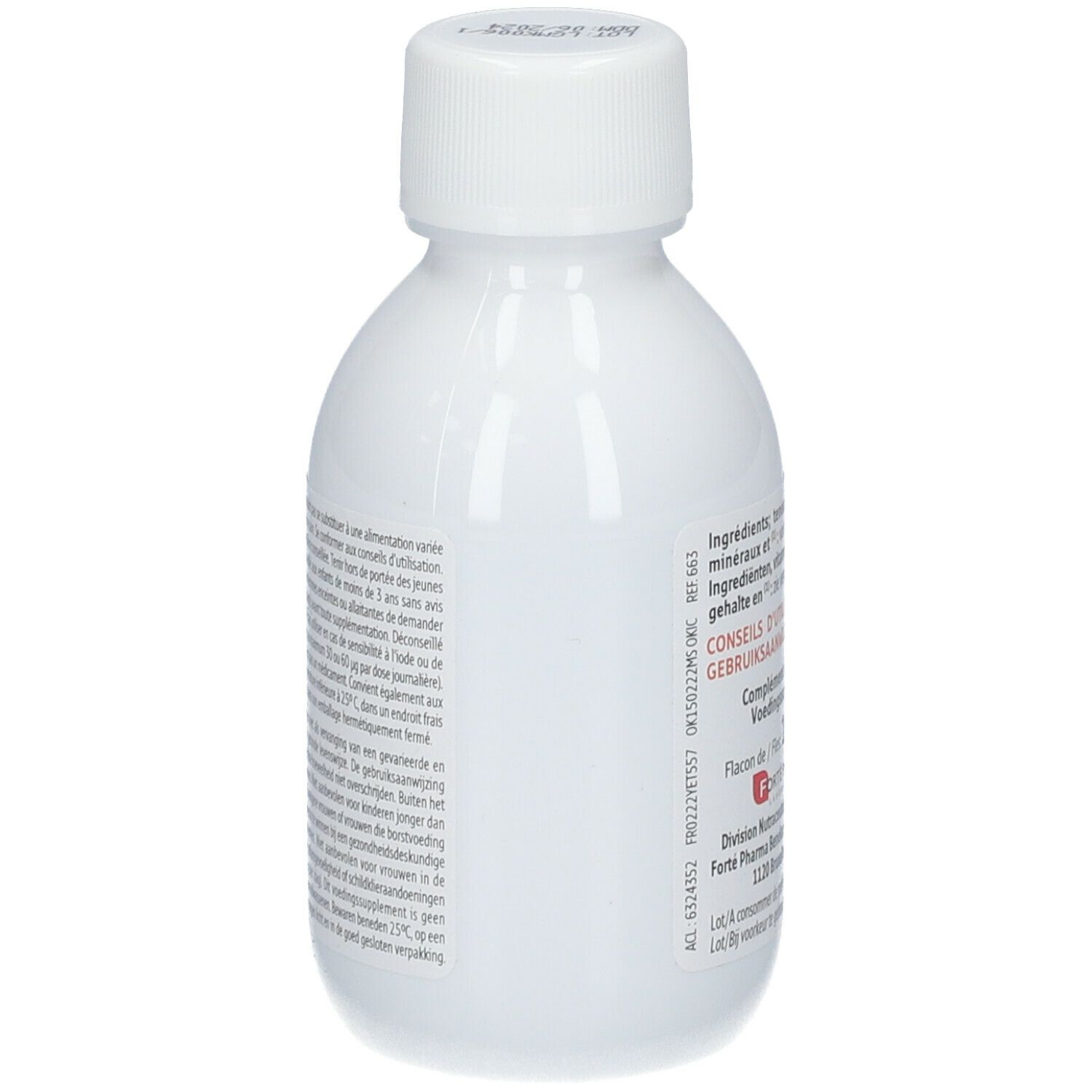Witte fles FORTE PHARMA Multivit' Kids. Achterkant met tekst. Schroefdop. Etiket met ingrediënten.