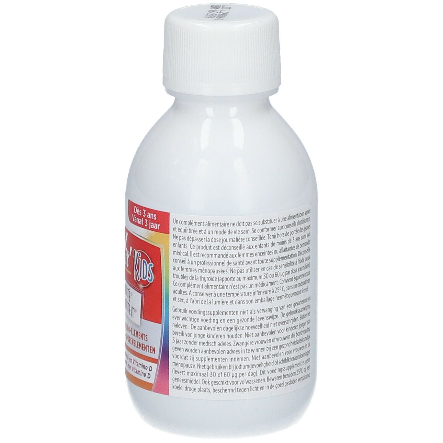Witte fles FORTE PHARMA Multivit' Kids. Achterkant met tekst. Schroefdop. Voor kinderen vanaf 3 jaar.