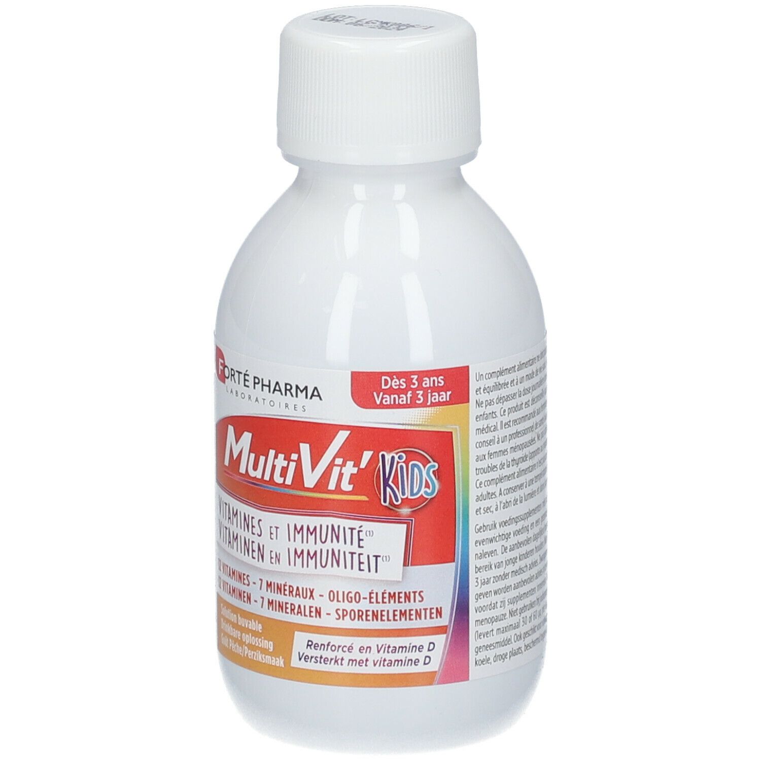 Witte fles FORTE PHARMA Multivit' Kids. Opschrift: Vitaminen en immuniteit. Voor kinderen vanaf 3 jaar.