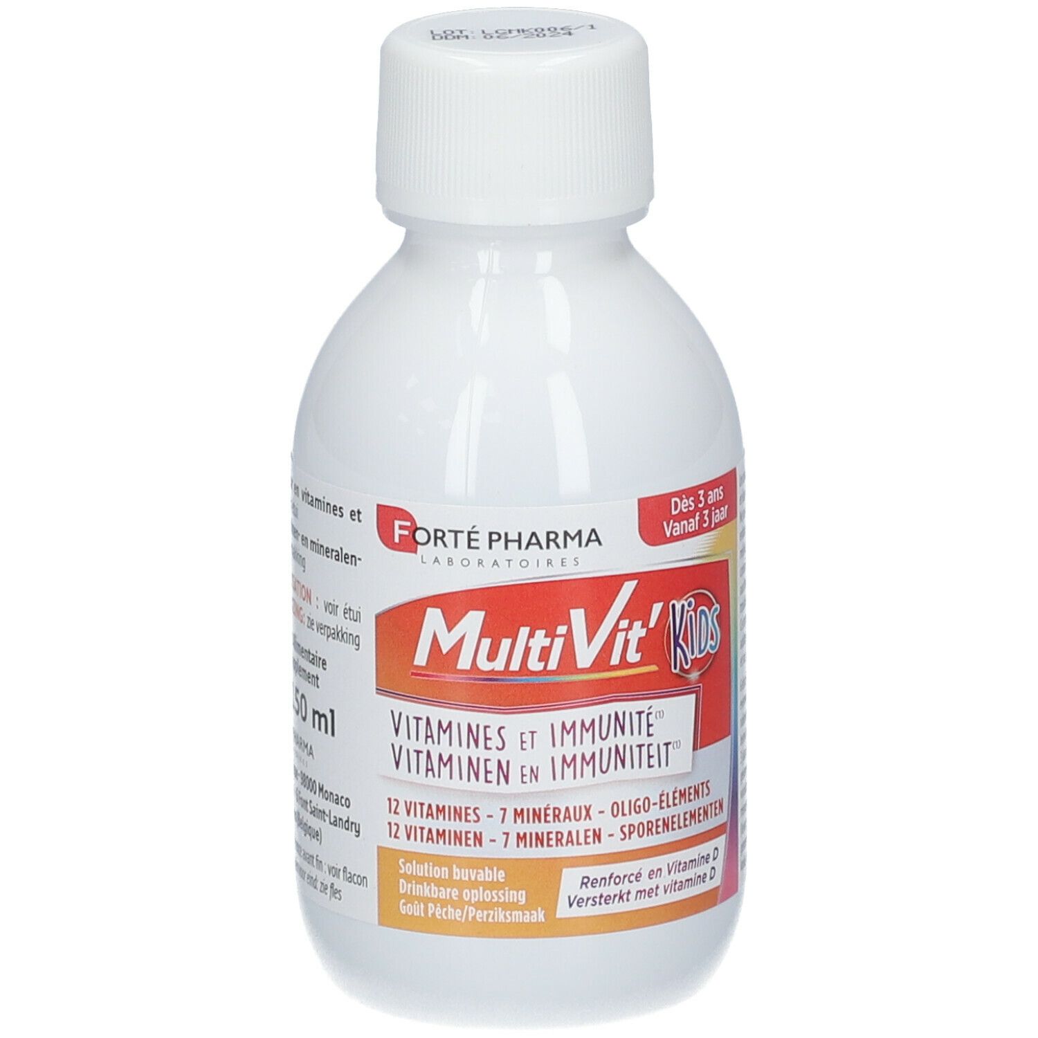Witte fles FORTE PHARMA Multivit' Kids. Opschrift: Vitaminen en immuniteit. Voor kinderen vanaf 3 jaar.