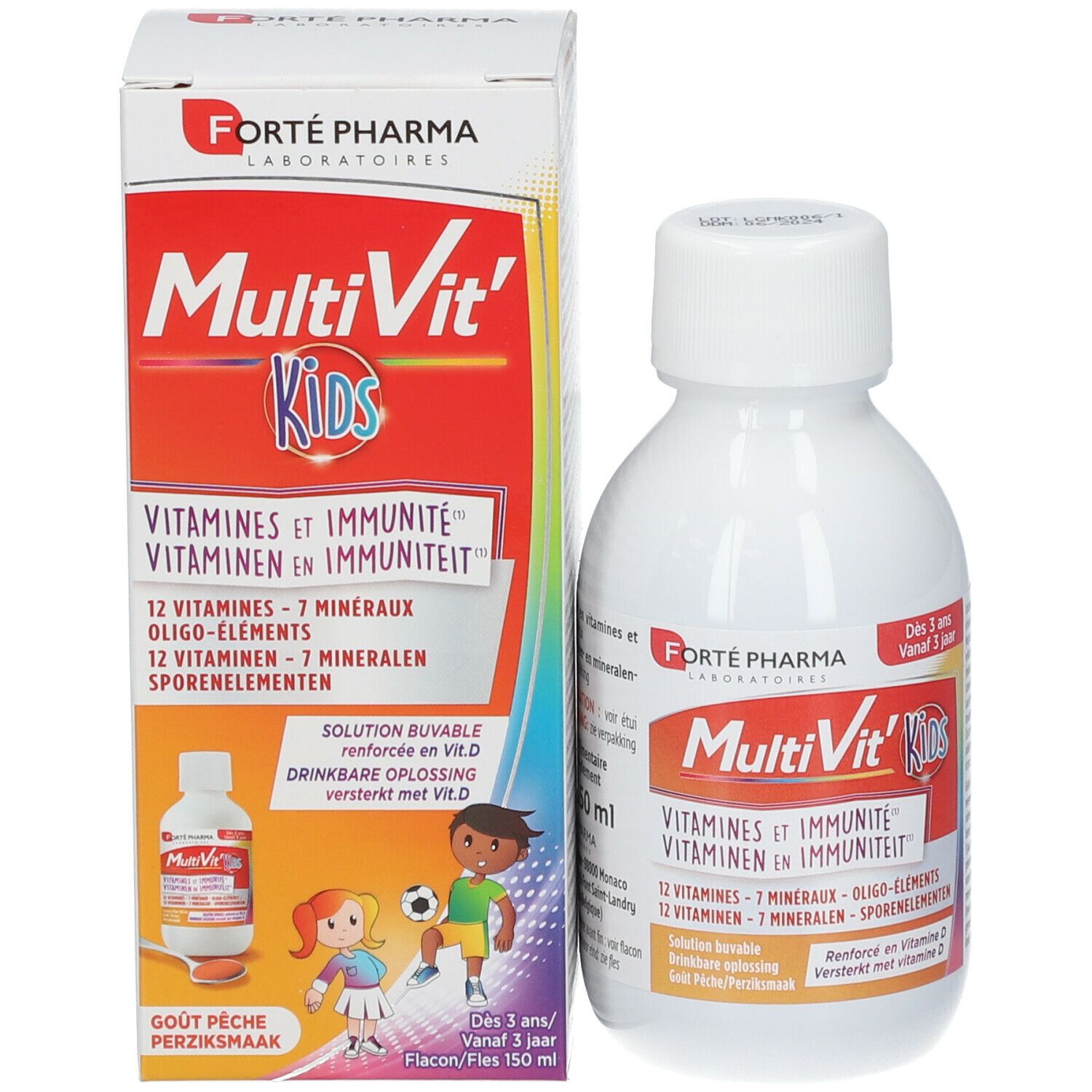 FORTE PHARMA Multivit' Kids fles en verpakking. Fles met tekst. Verpakking met illustraties en tekst.