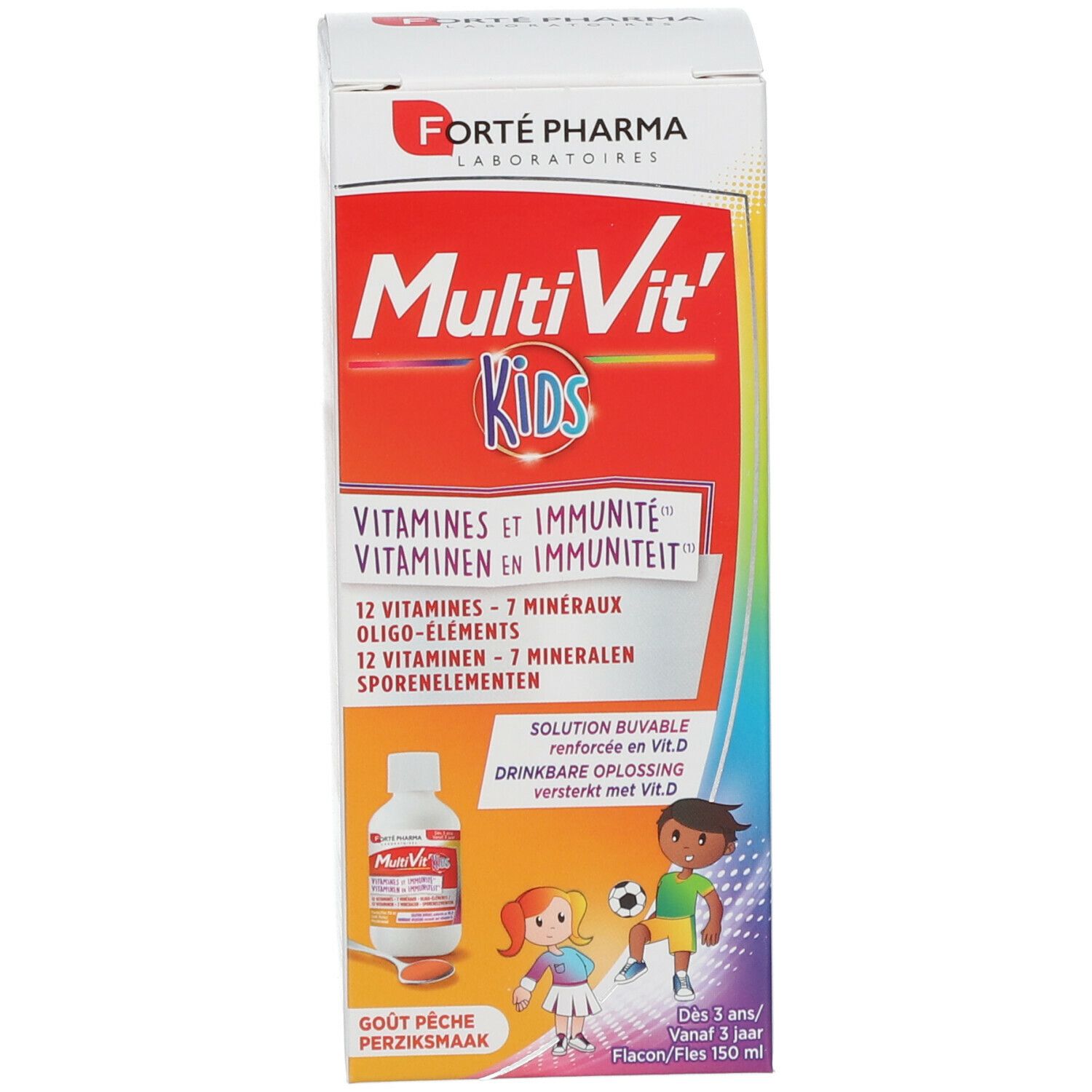 FORTE PHARMA Multivit' Kids verpakking. Doos met productafbeelding en illustraties. Voor kinderen vanaf 3 jaar.
