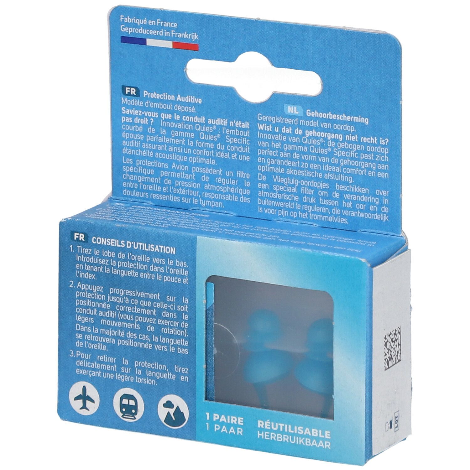 Boîte bleue avec une paire de bouchons d'oreille bleus visibles. Textes en français et néerlandais. Fabriqué en France.