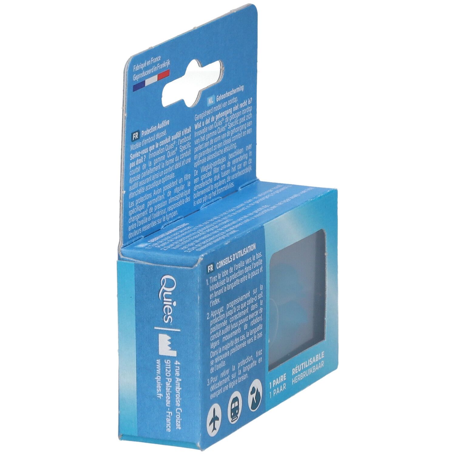 Boîte bleue avec informations produit. Produit partiellement visible. Marque : Quies. Fabriqué en France.