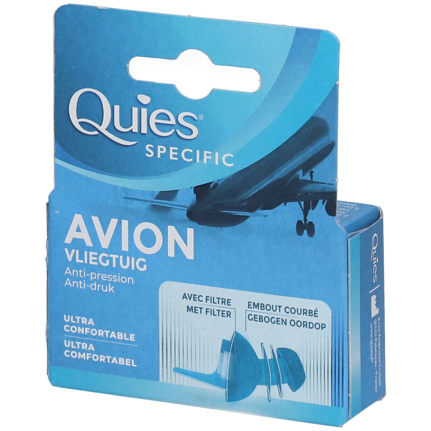 Boîte bleue avec 'Avion' et illustration d'avion. Texte : 'Anti-pression'. Avec filtre et embout courbé.