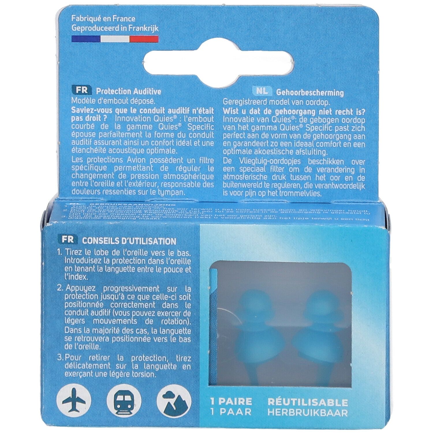 Boîte bleue avec deux bouchons d'oreille bleus. Textes en français et néerlandais. '1 PAIRE'. Réutilisable.