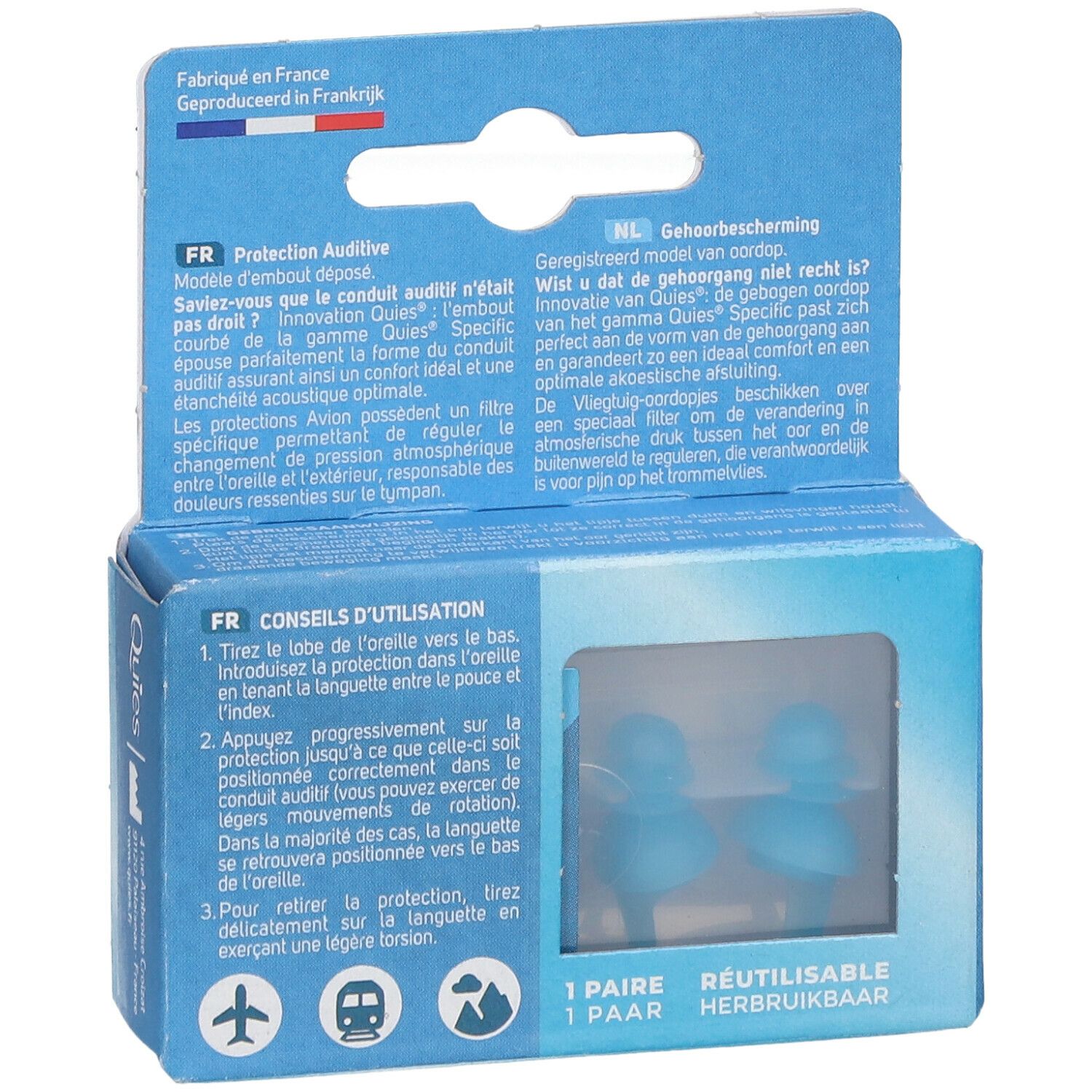 Boîte bleue avec deux bouchons d'oreille bleus. Textes en français et néerlandais. '1 PAIRE'. Réutilisable.