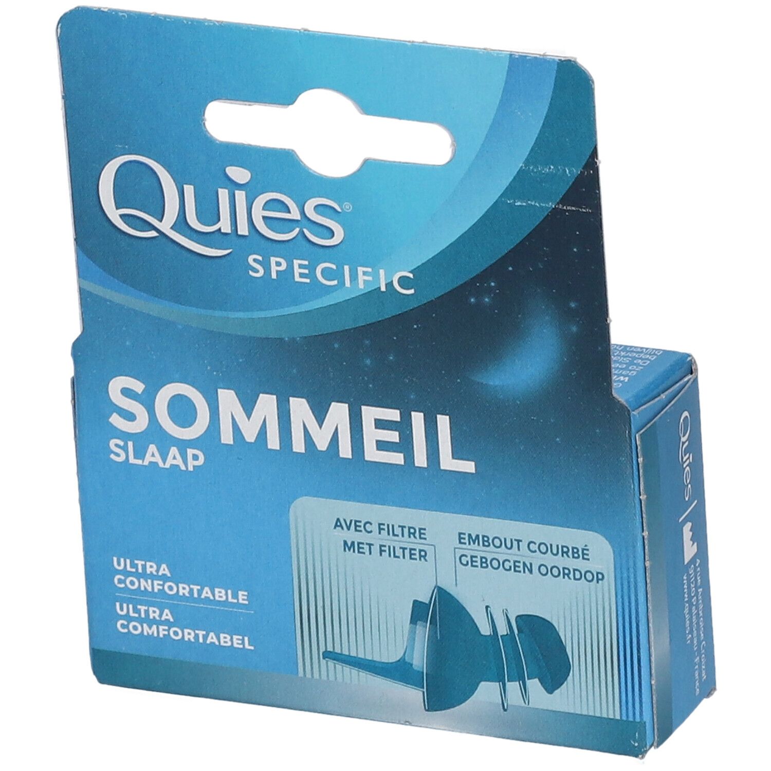 Boîte QUIES Specific Sommeil. Inscriptions : QUIES, Specific, Sommeil, Slaap. Illustration : bouchons d'oreille. Avec filtre. Embout courbé.