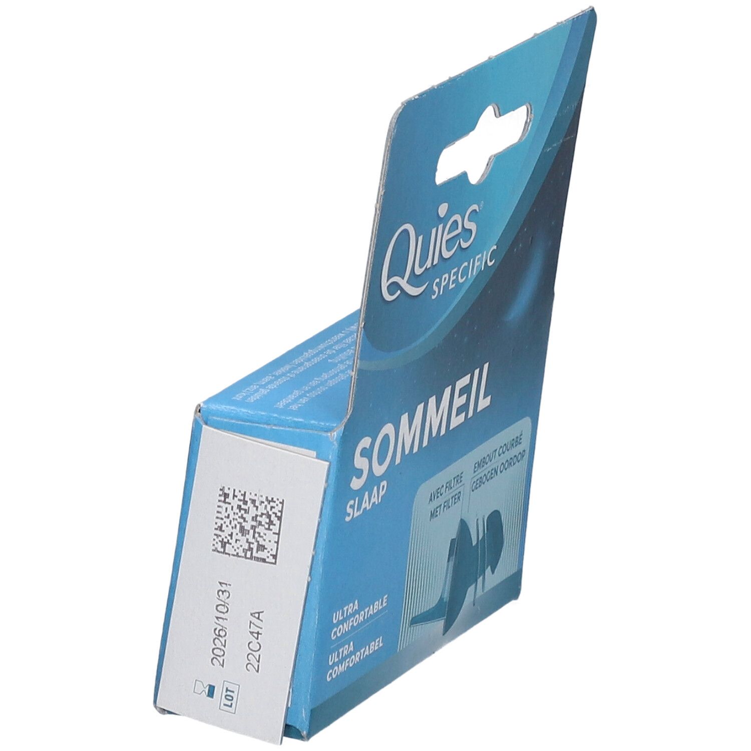 Boîte QUIES Specific Sommeil en biais. Inscriptions : QUIES, Specific, Sommeil, Slaap. Avec filtre. Embout courbé. Code QR et date.