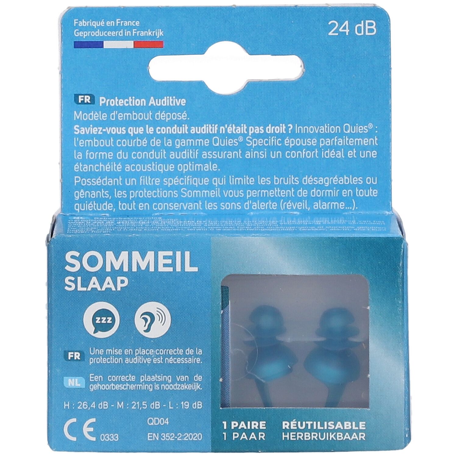 Boîte QUIES Specific Sommeil, 24 dB. Deux bouchons bleus. Inscriptions : Sommeil, Slaap, Protection Auditive. Réutilisable.