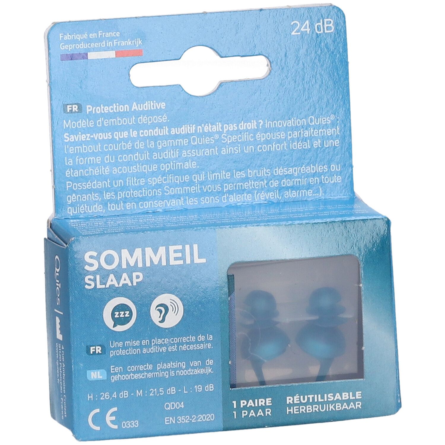 Boîte QUIES Specific Sommeil, 24 dB. Deux bouchons bleus. Inscriptions : Sommeil, Slaap, Protection Auditive. Réutilisable.