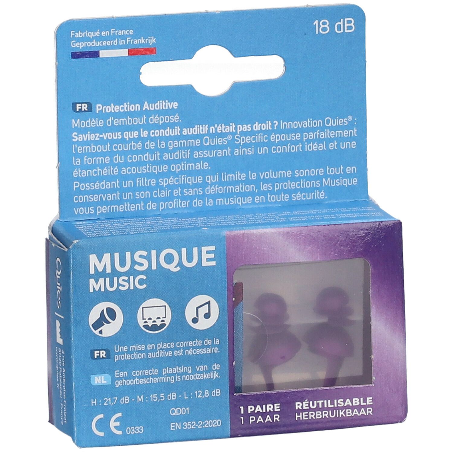 Boîte de QUIES Specifix Musique 18 dB. Deux bouchons d'oreille violets dans l'emballage. Informations imprimées.