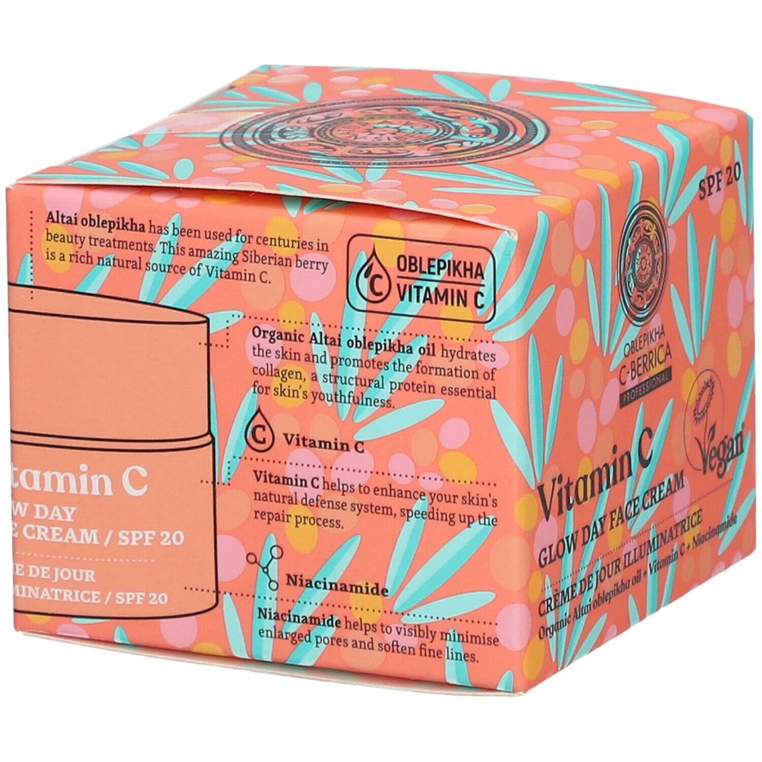 Boîte avec texte sur l'argousier d'Altaï, la vitamine C et la niacinamide. Logo Oblepikha C-Berrica et image du produit.