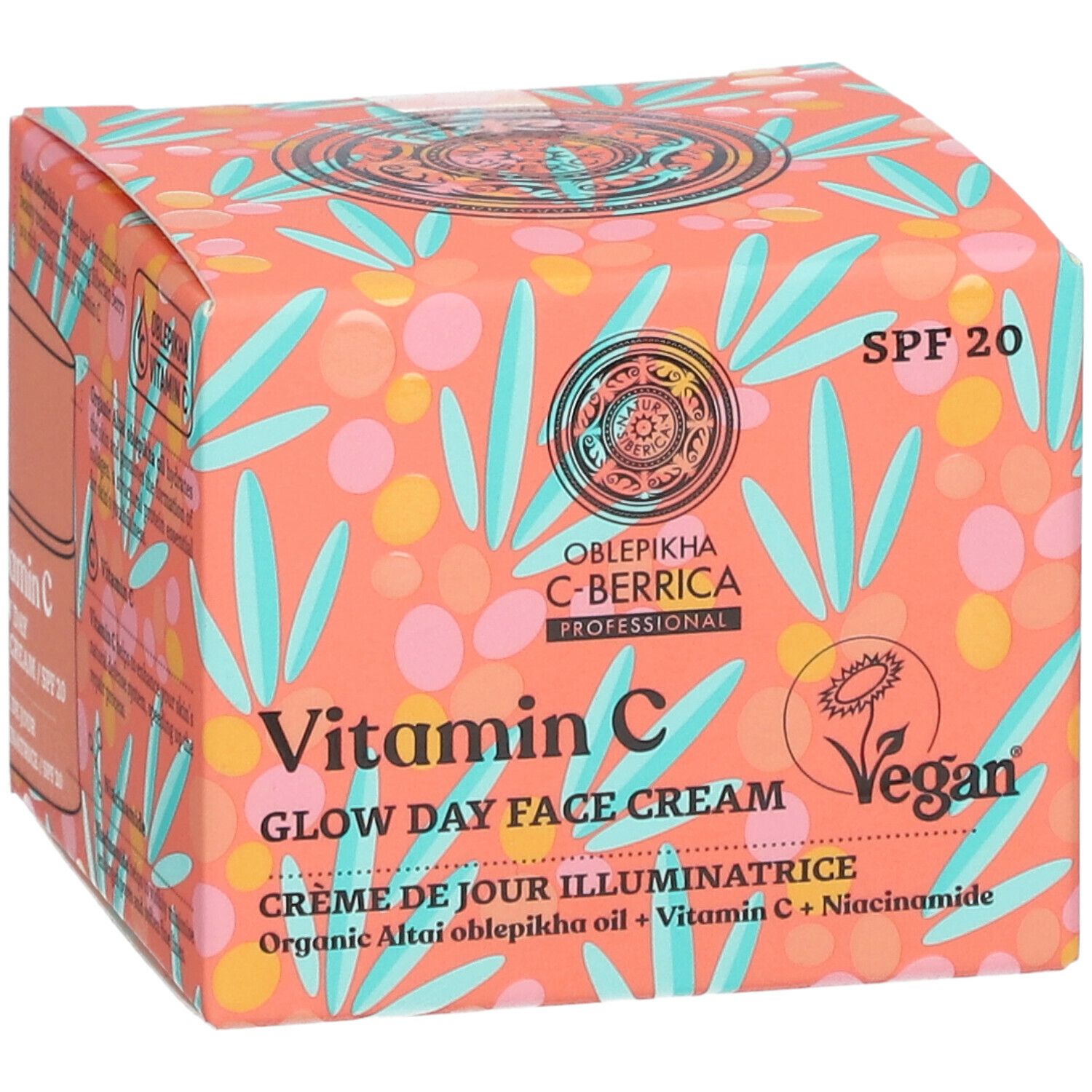 Boîte Vitamin C Glow Day Face Cream SPF 20. Logo végétalien et Oblepikha C-Berrica. Nom du produit et ingrédients.