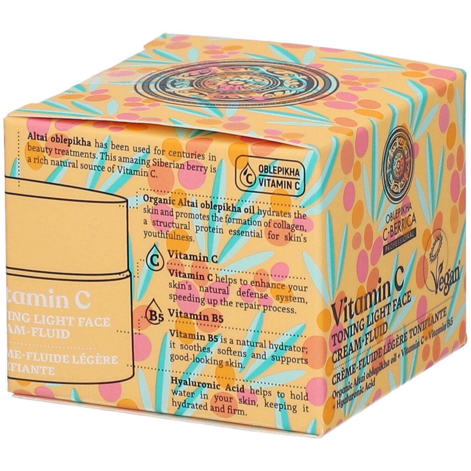 Gelbe Verpackung mit Produktinformationen. Oblepikha C-Berrica, Vitamin C, Creme-Fluid. Vegan-Siegel. Text über Inhaltsstoffe.