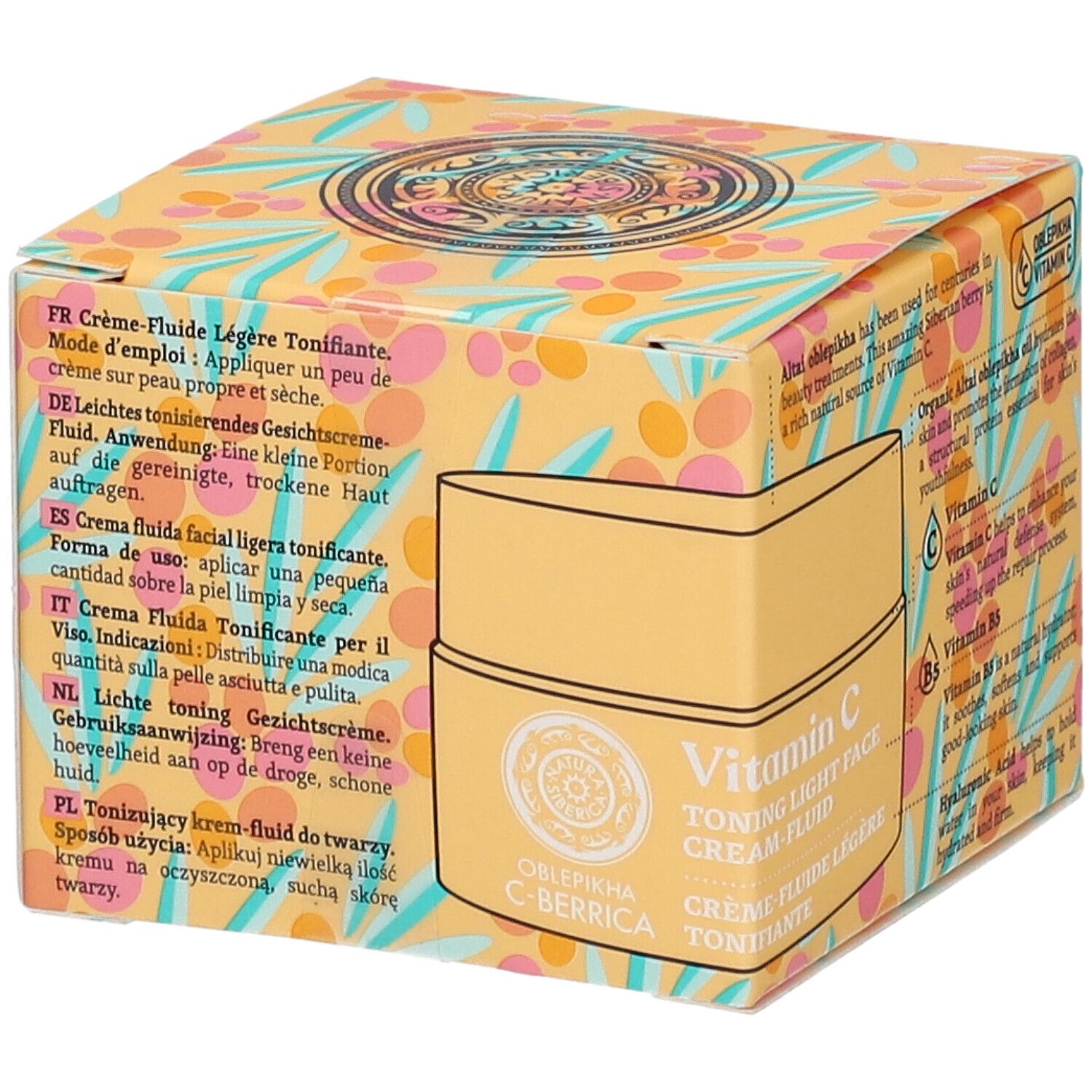 Gelbe Verpackung mit Produktinformationen. Oblepikha C-Berrica, Vitamin C, Creme-Fluid. Gebrauchsanweisung in mehreren Sprachen.