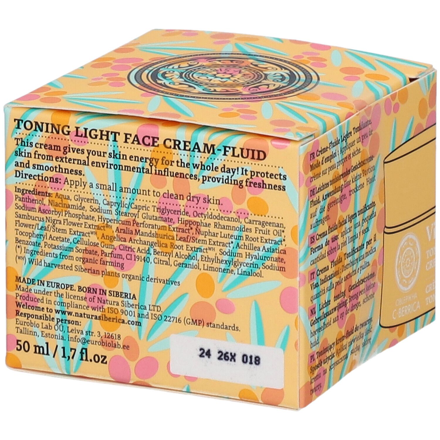Gelbe Verpackung mit Produktinformationen. Oblepikha C-Berrica, Vitamin C, Creme-Fluid. Inhaltsstoffe, Herkunft, 50 ml.