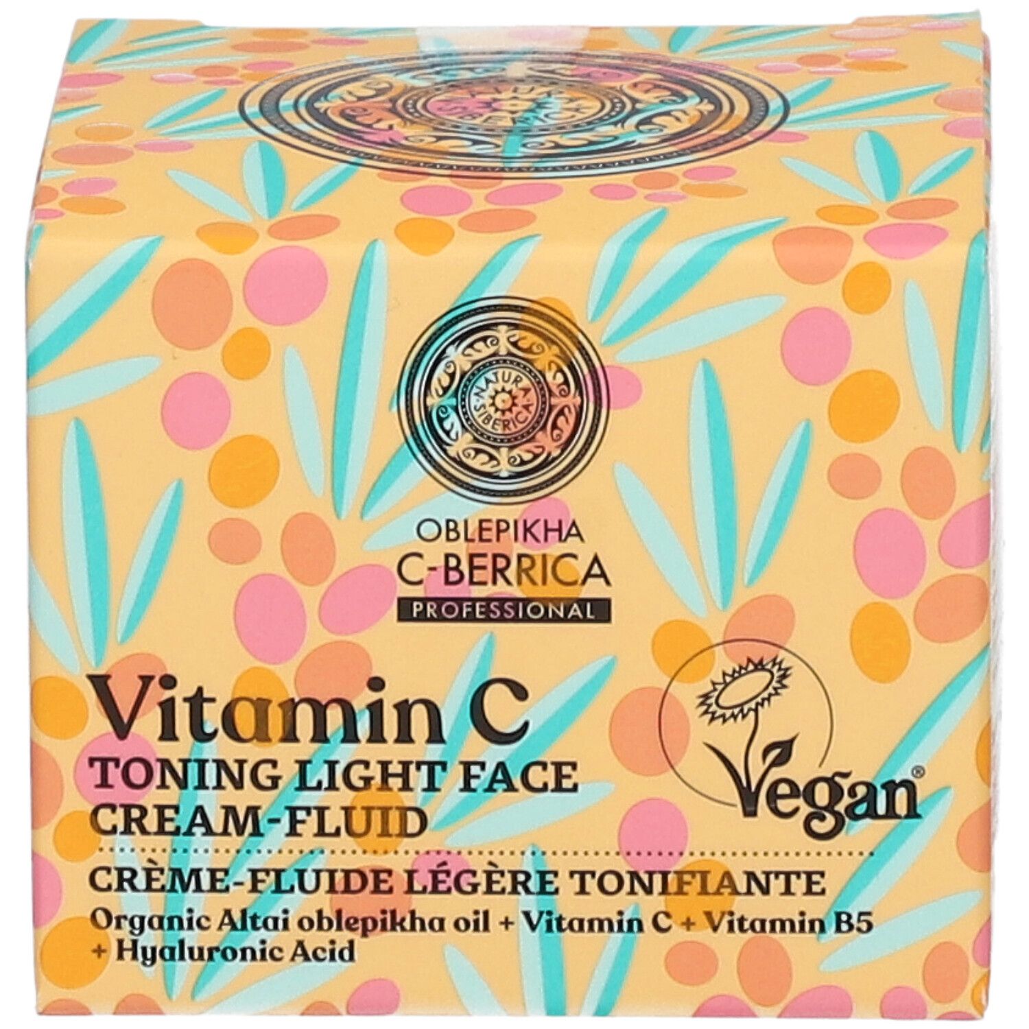 Gelbe Verpackung mit Produktnamen und -details. Oblepikha C-Berrica, Vitamin C, Creme-Fluid. Vegan-Siegel.