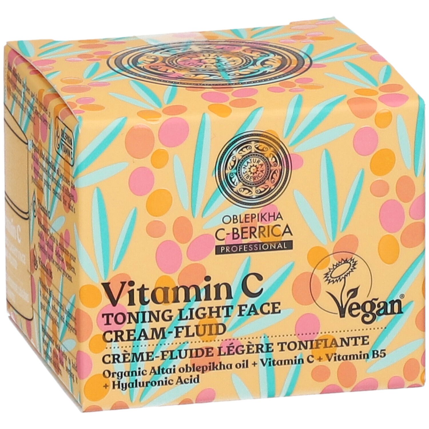 Gelbe Verpackung mit Produktnamen und -details. Oblepikha C-Berrica, Vitamin C, Creme-Fluid. Vegan-Siegel.