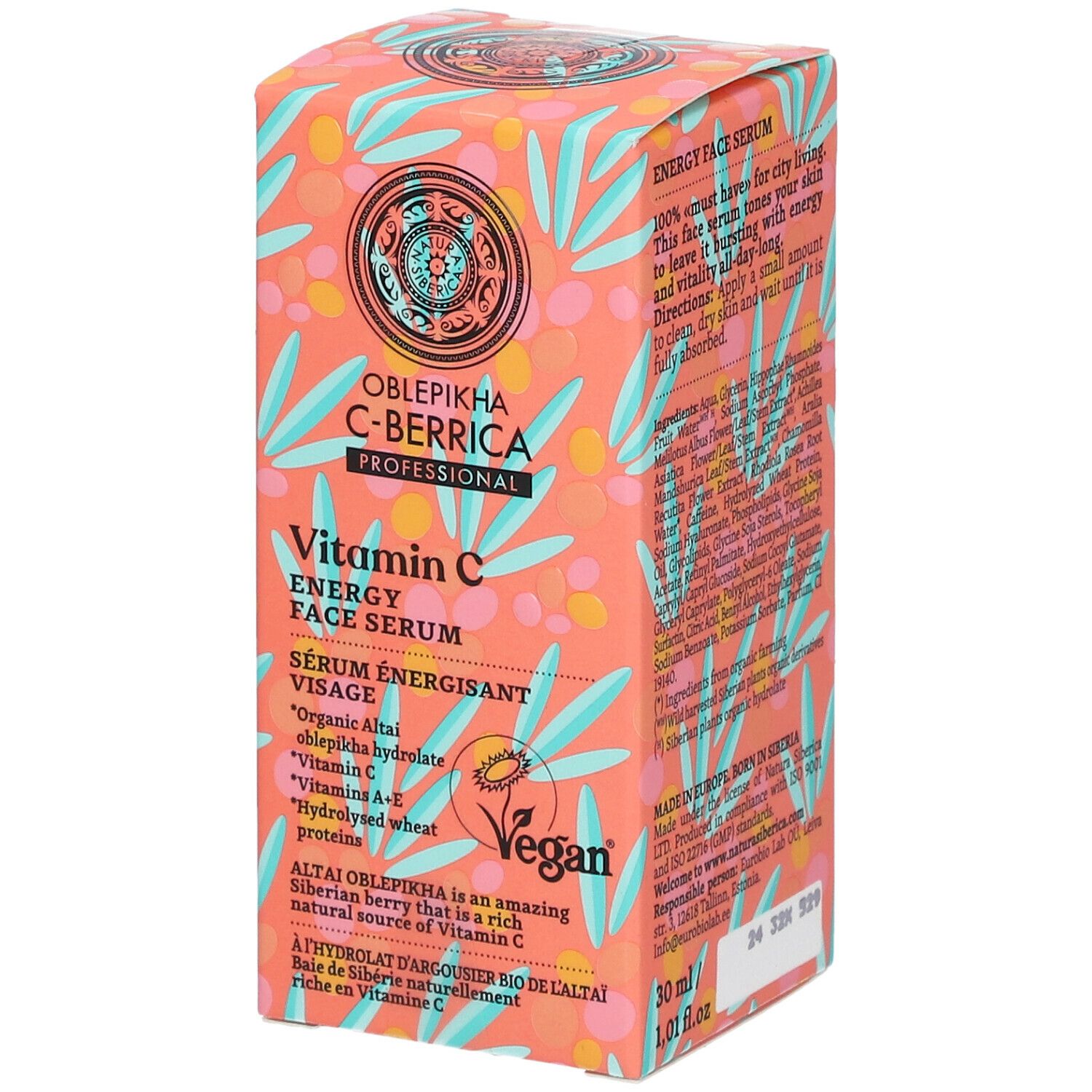 Boîte de sérum énergisant visage Oblepikha C-Berrica Vitamin C. Inscription : Sérum énergisant visage, Vitamin C. Label Vegan.