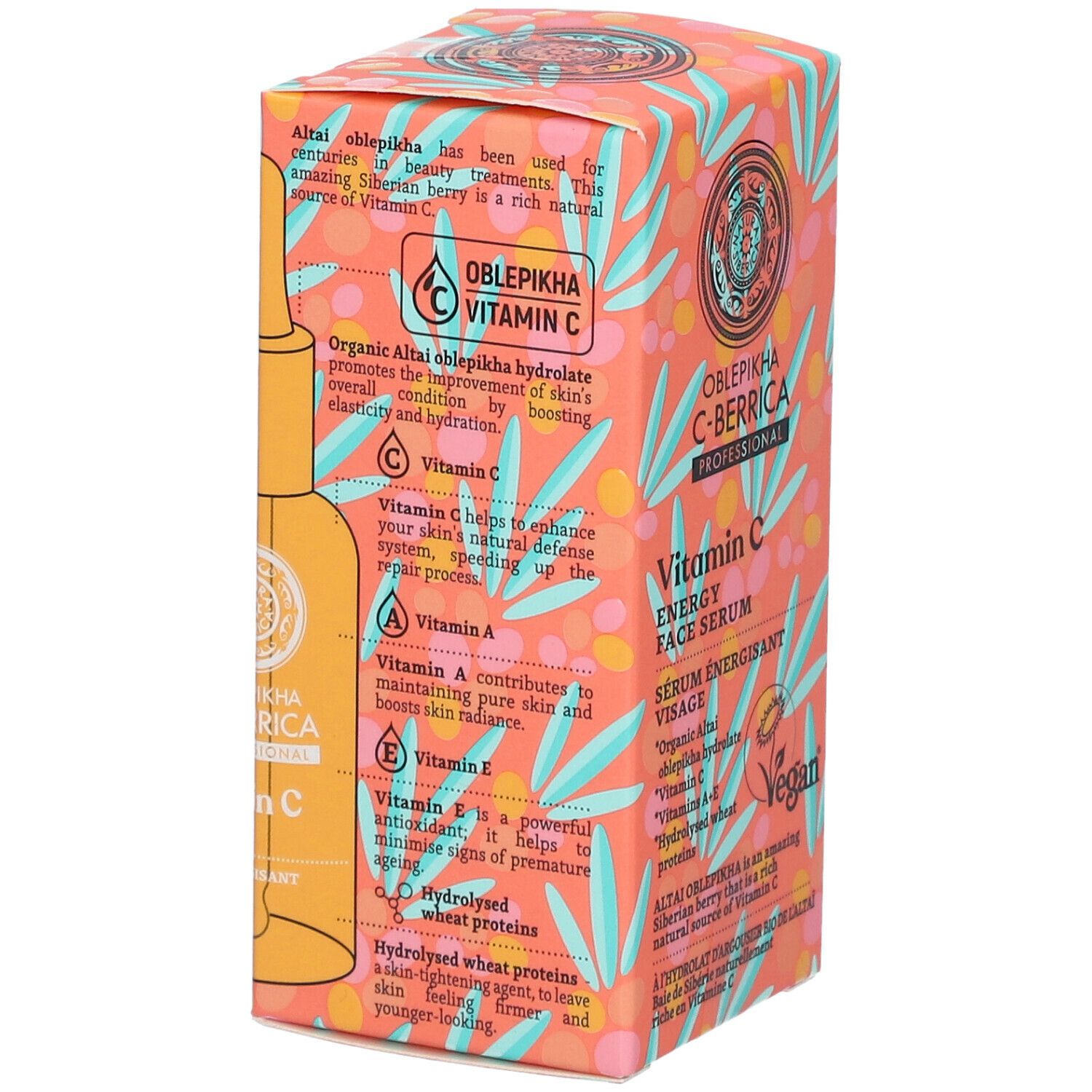 Dos de la boîte de sérum visage Oblepikha C-Berrica Vitamin C. Inscriptions : Vitamin C, ingrédients, logo Vegan.