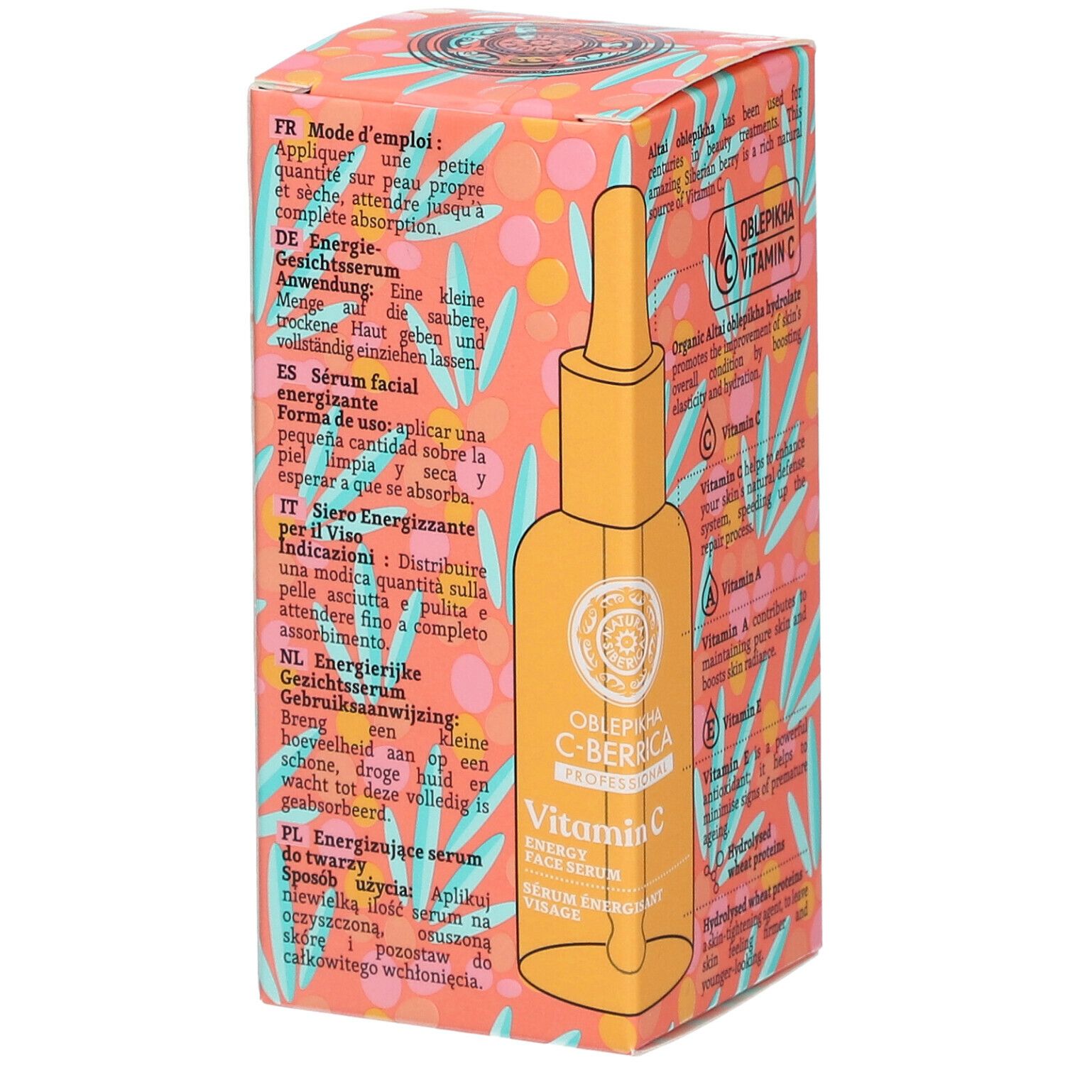 Côté de la boîte de sérum visage Oblepikha C-Berrica Vitamin C. Inscriptions : Mode d'emploi en plusieurs langues.