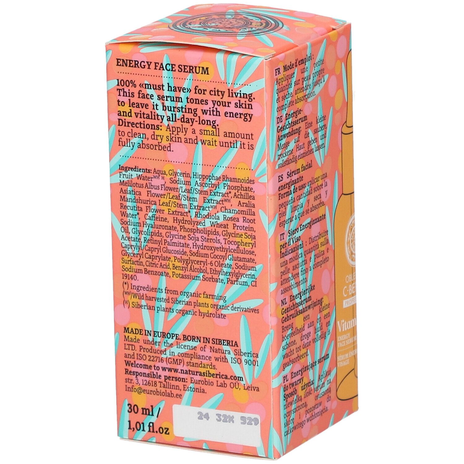 Côté de la boîte de sérum visage Oblepikha C-Berrica Vitamin C. Inscriptions : Ingrédients, origine, 30 ml.