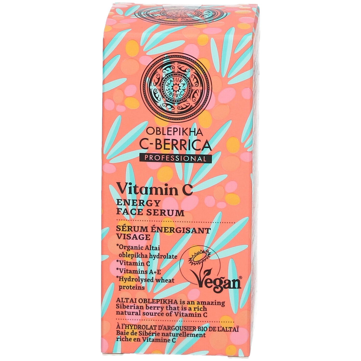 Face de la boîte de sérum visage Oblepikha C-Berrica Vitamin C. Inscriptions : Vitamin C, Sérum énergisant visage. Logo Vegan.