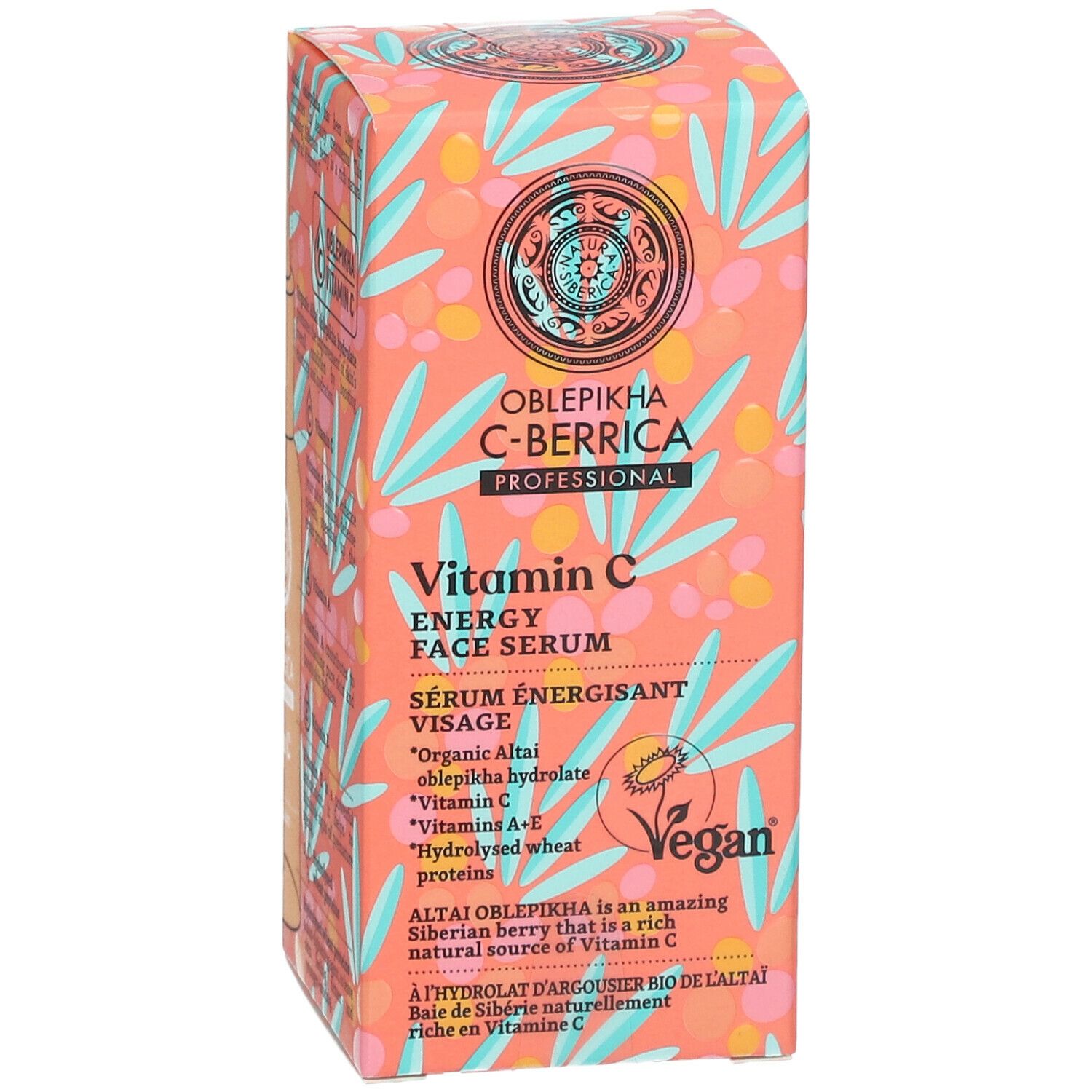 Face de la boîte de sérum visage Oblepikha C-Berrica Vitamin C. Inscriptions : Vitamin C, Sérum énergisant visage. Logo Vegan.