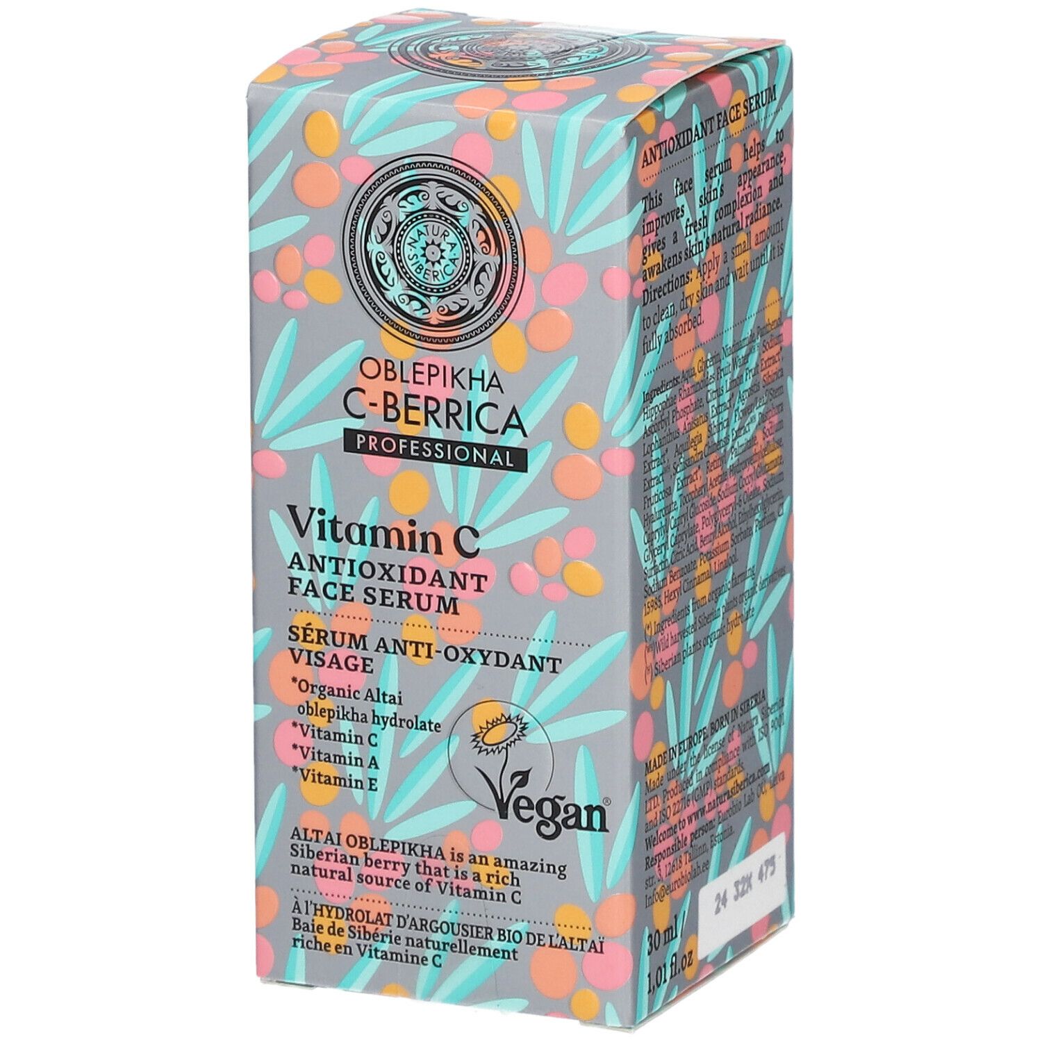 Boîte de sérum Oblepikha C-Berrica. Texte: Vitamin C, sérum anti-oxydant visage. Fond gris avec motifs floraux.