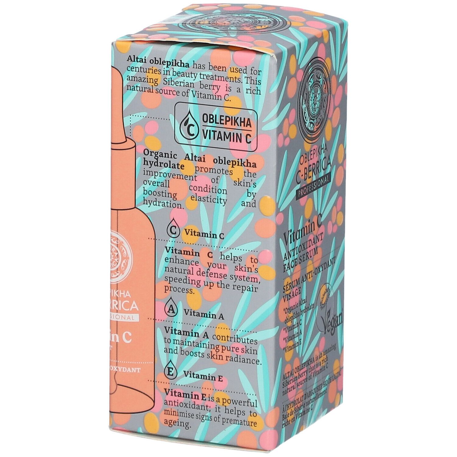 Emballage du produit Oblepikha C-Berrica. Informations sur la vitamine C et les ingrédients. Fond gris.