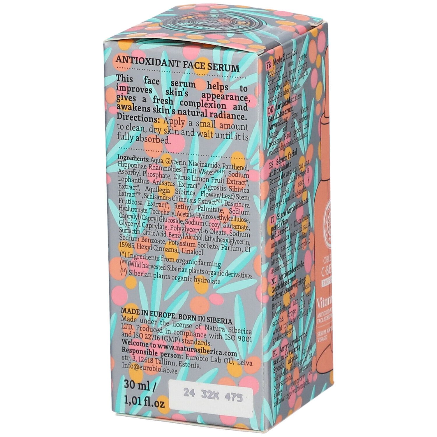 Emballage du produit avec ingrédients et instructions d'utilisation. 30 ml. Fond gris avec motifs floraux.