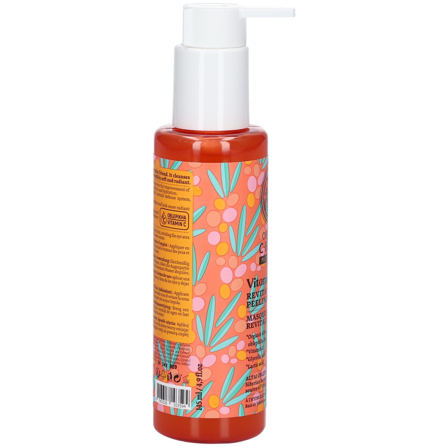 Flacon orange avec pompe blanche. Texte: Oblepikha C-Berrica, Vitamin C, Masque peeling revitalisant visage. 145 ml.
