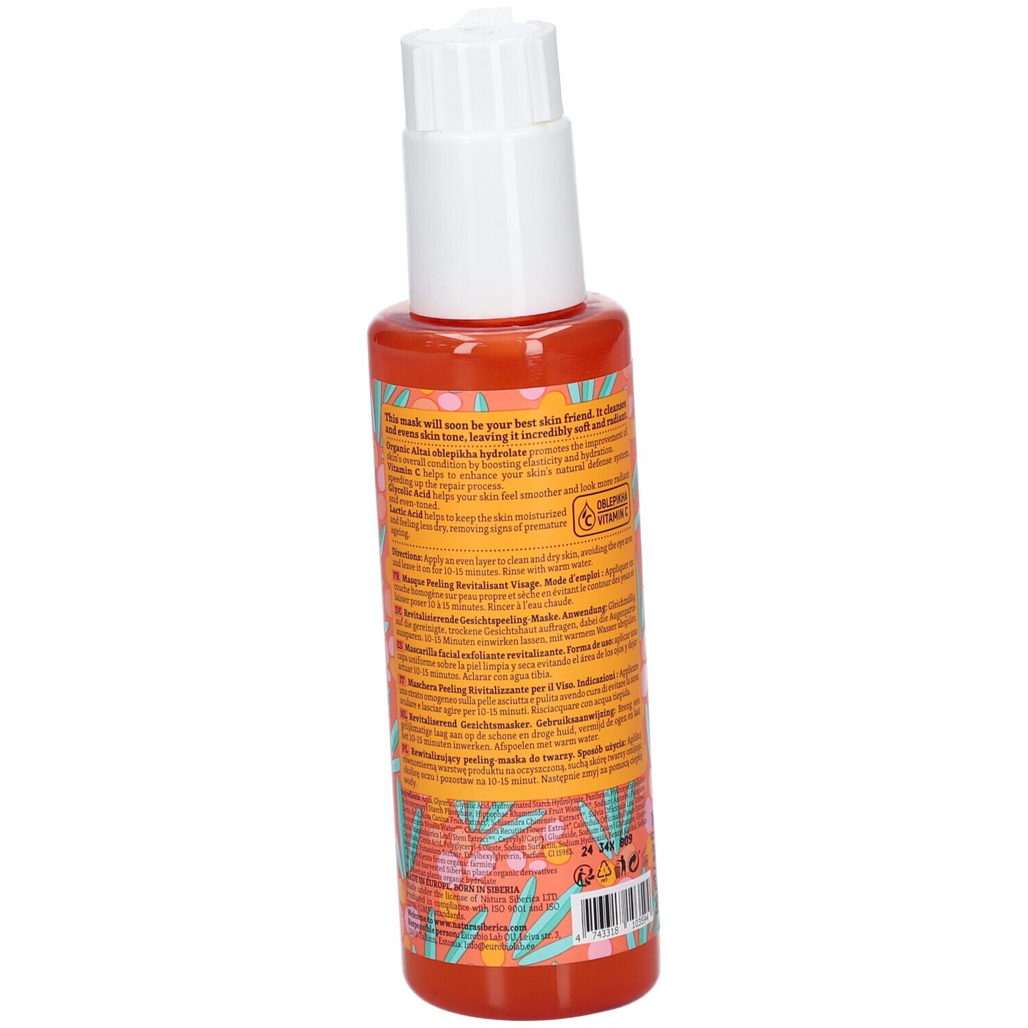 Dos d'un flacon orange avec pompe blanche. Texte. Ingrédients et instructions d'utilisation. Label Vegan.
