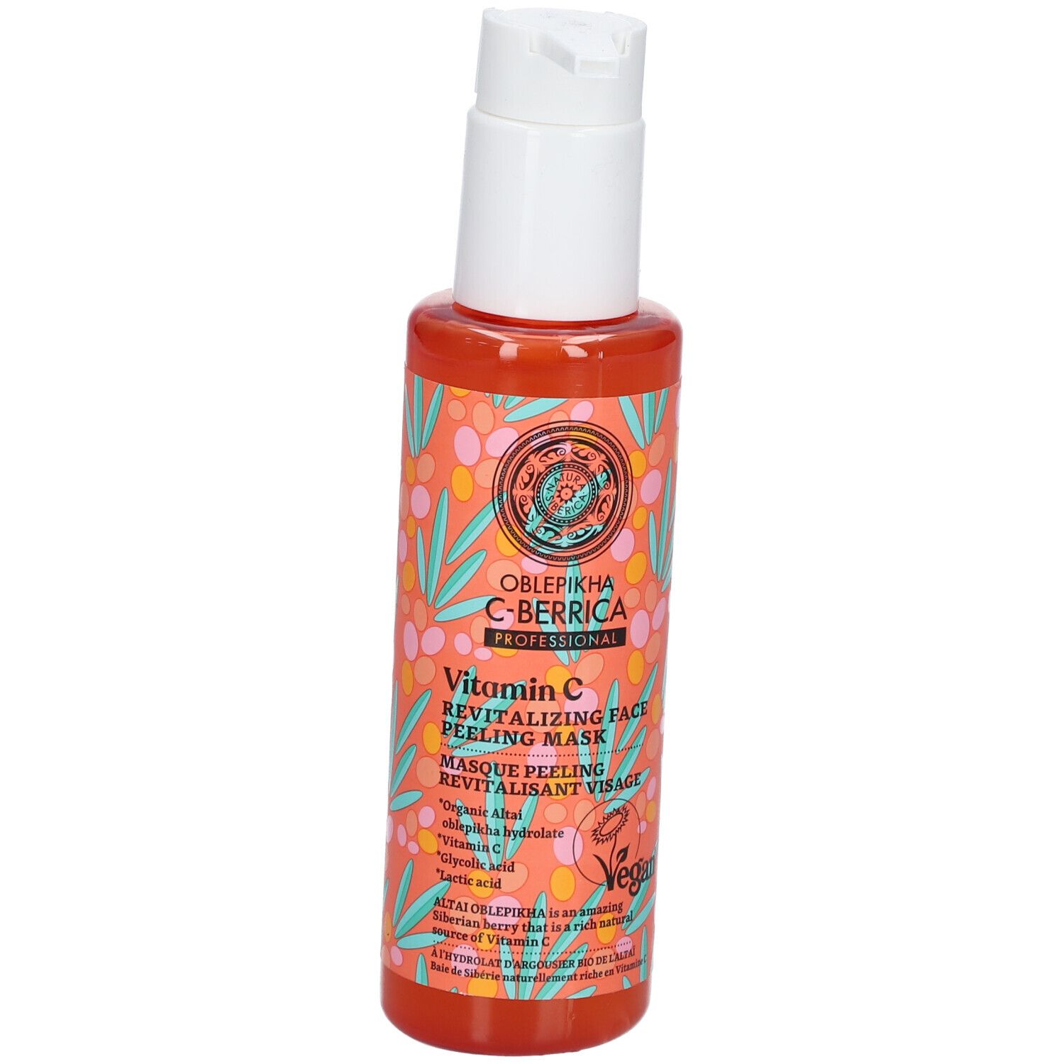 Flacon orange avec pompe blanche. Texte: Oblepikha C-Berrica, Vitamin C, Masque peeling revitalisant visage. Label Vegan.