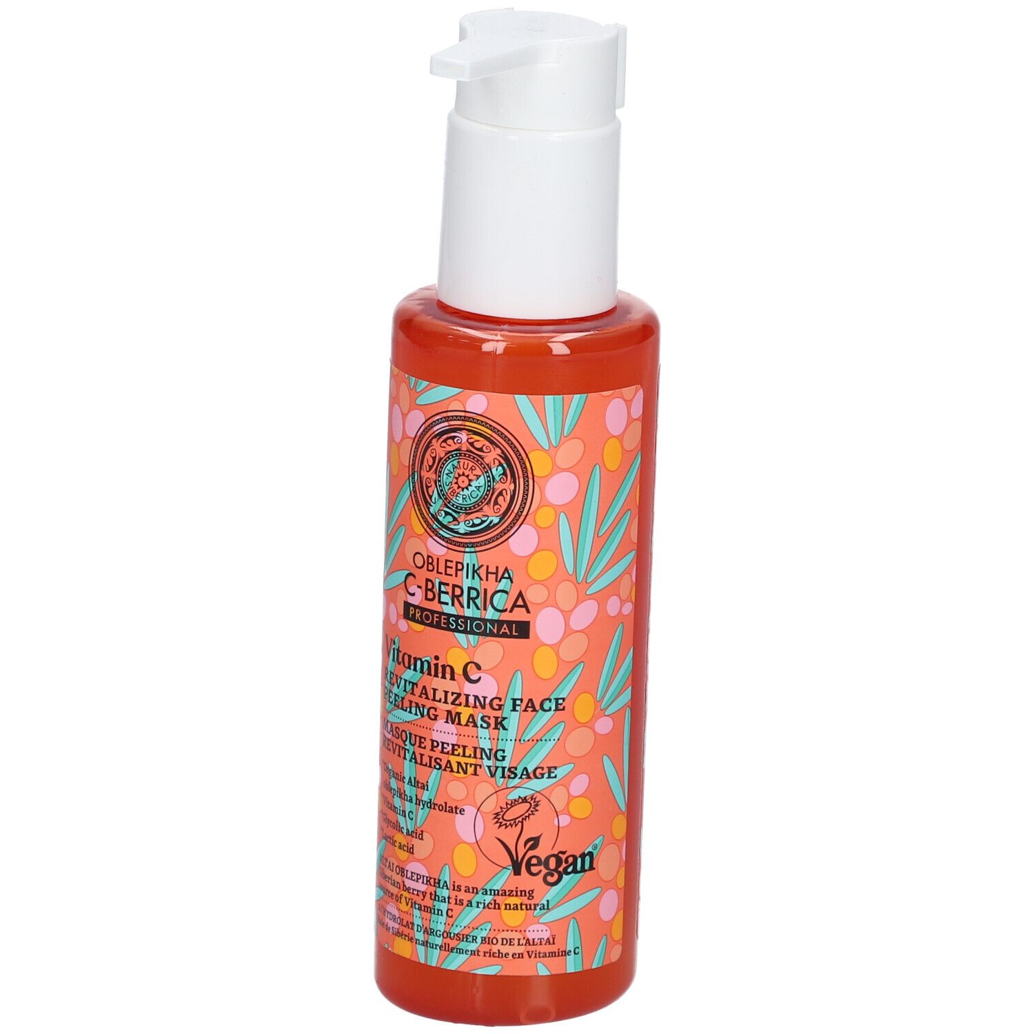Flacon orange avec pompe blanche. Texte: Oblepikha C-Berrica, Vitamin C, Masque peeling revitalisant visage. Label Vegan.