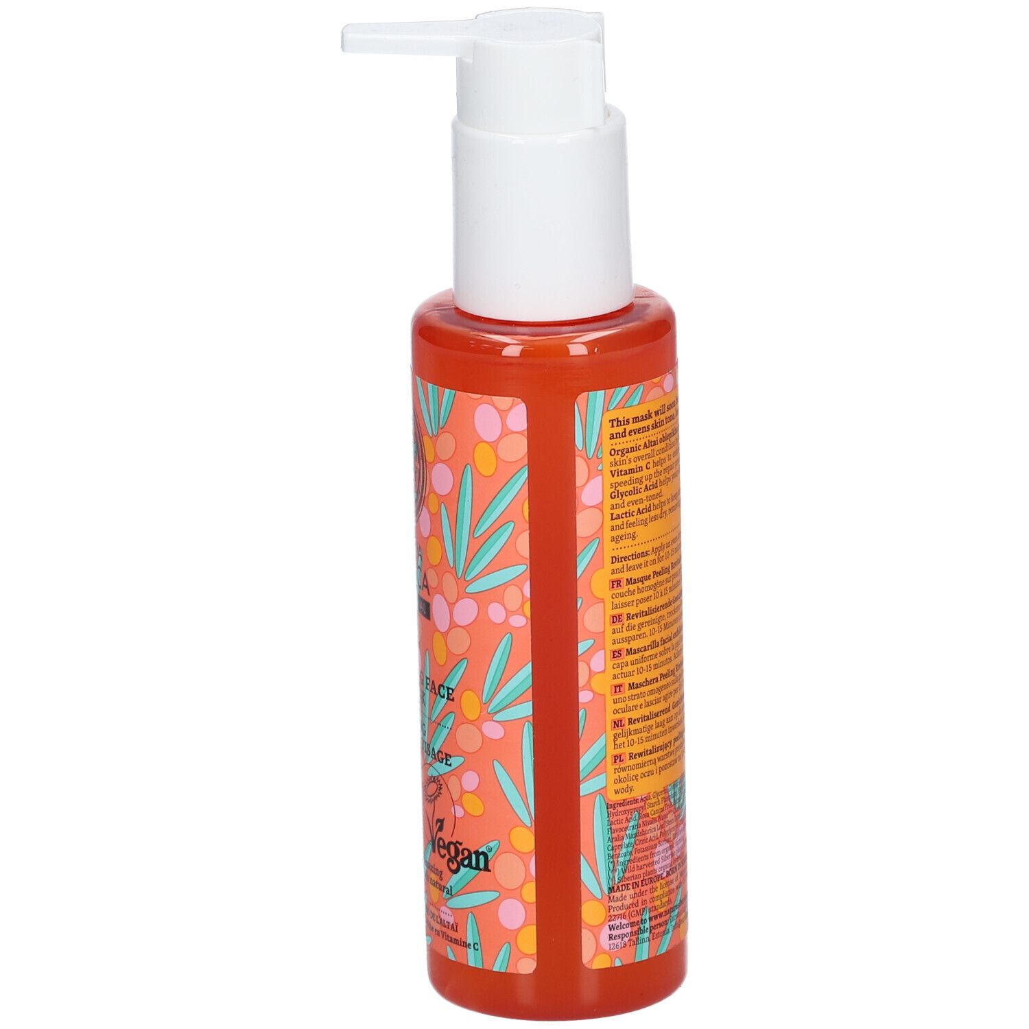 Dos d'un flacon orange avec pompe blanche. Texte. Ingrédients et instructions d'utilisation. Label Vegan.