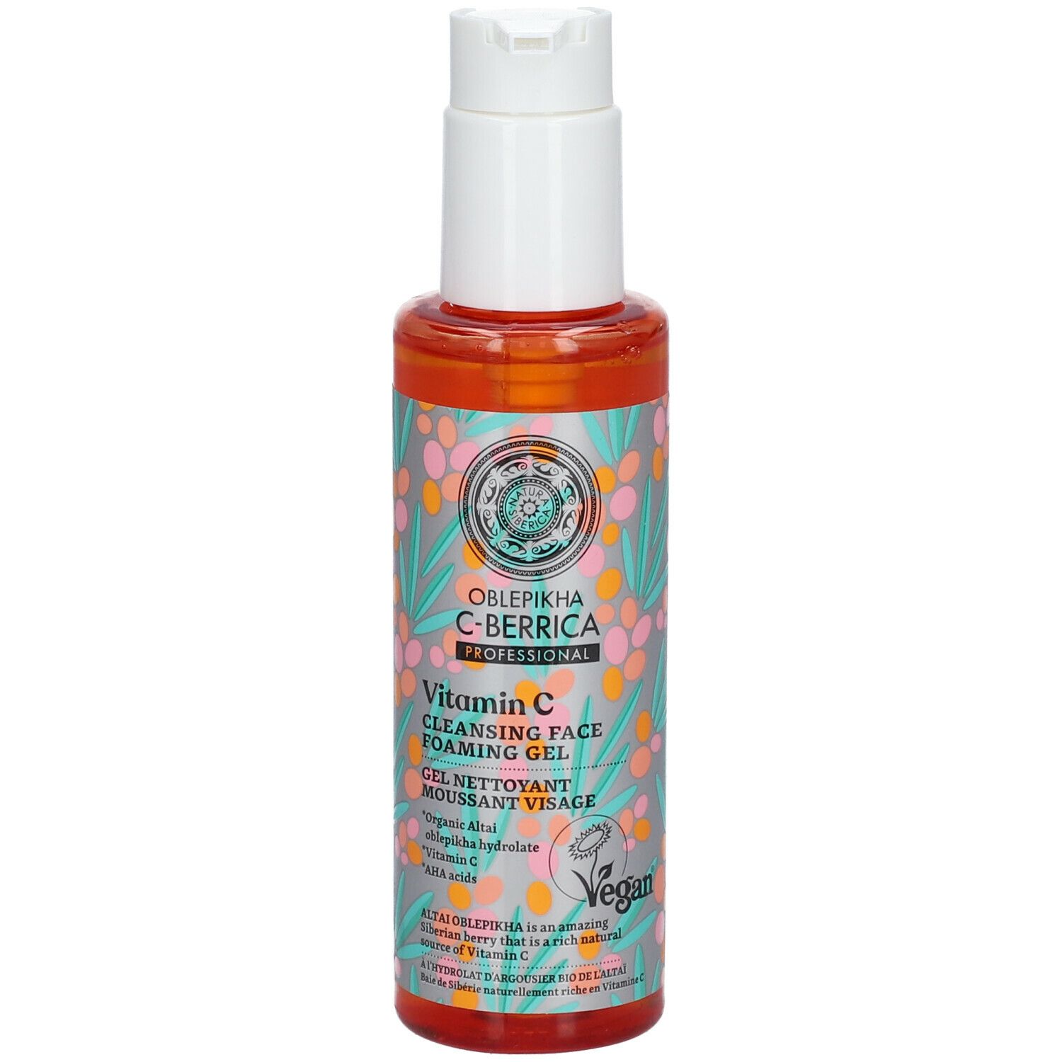 Flacon transparent avec gel orange. Tête de pompe blanche. Inscription: Oblepikha C-Berrica, Vitamin C, Gel Nettoyant Moussant Visage.