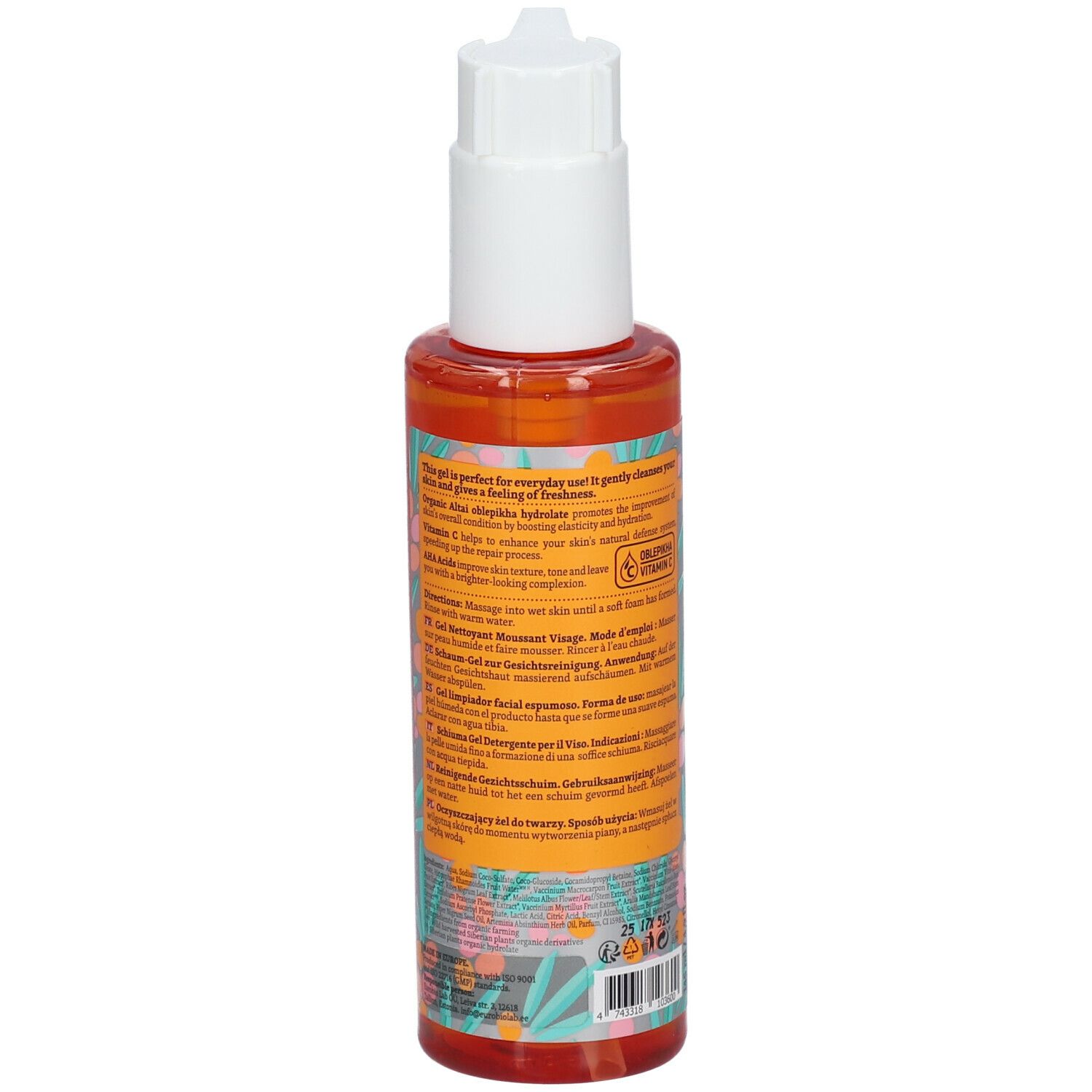 Flacon avec gel orange. Tête de pompe blanche. Informations produit au dos, en plusieurs langues.